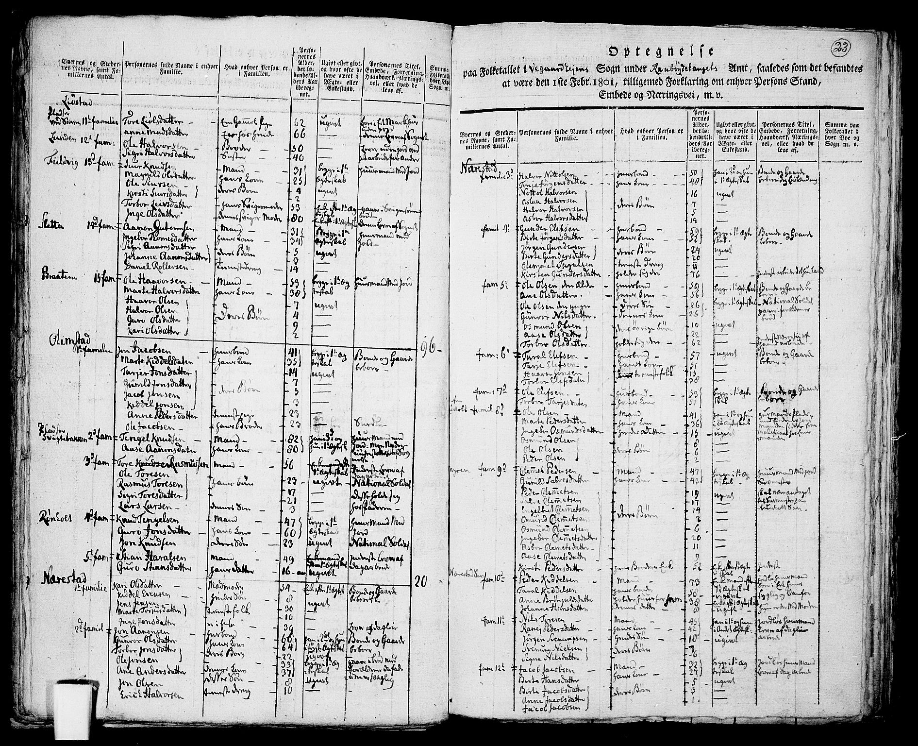 RA, 1801 census for 0911P Gjerstad, 1801, p. 22b-23a