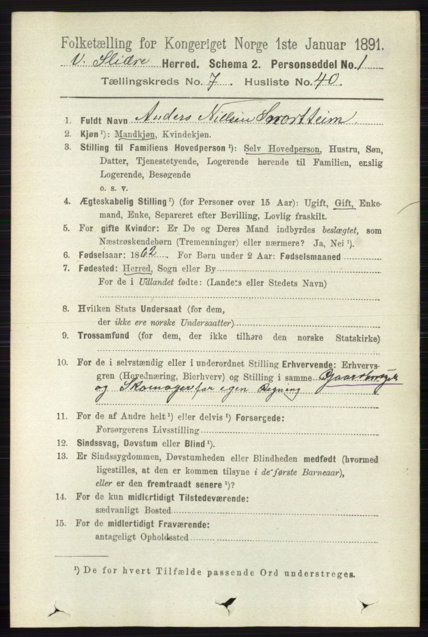 RA, 1891 census for 0543 Vestre Slidre, 1891, p. 2805