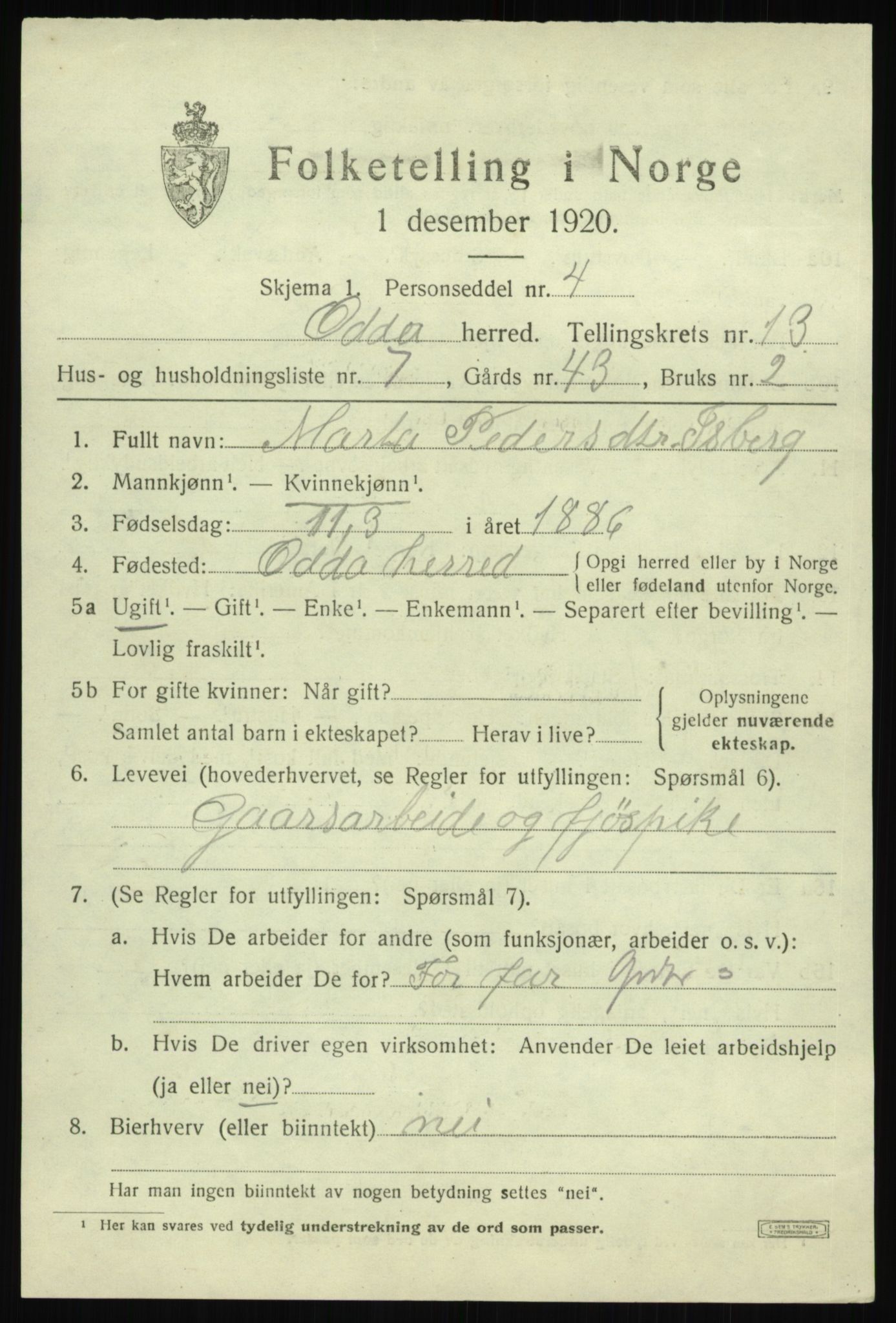 SAB, 1920 census for Odda, 1920, p. 11939