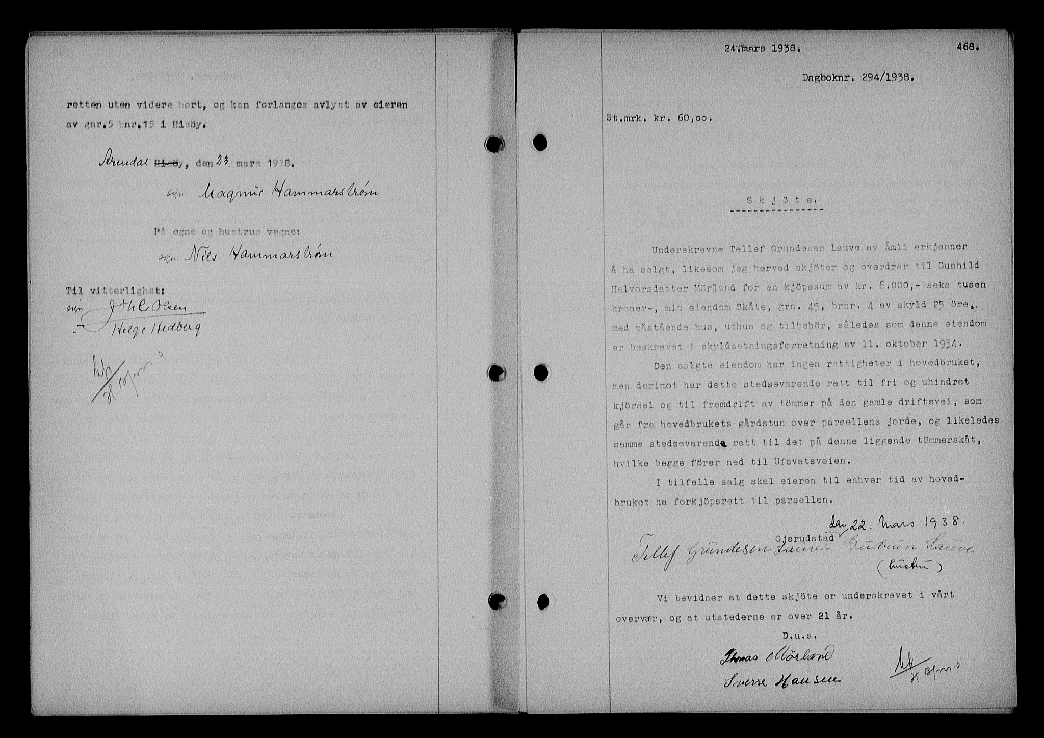 Nedenes sorenskriveri, AV/SAK-1221-0006/G/Gb/Gba/L0044: Mortgage book no. 40, 1937-1938, Diary no: : 294/1938