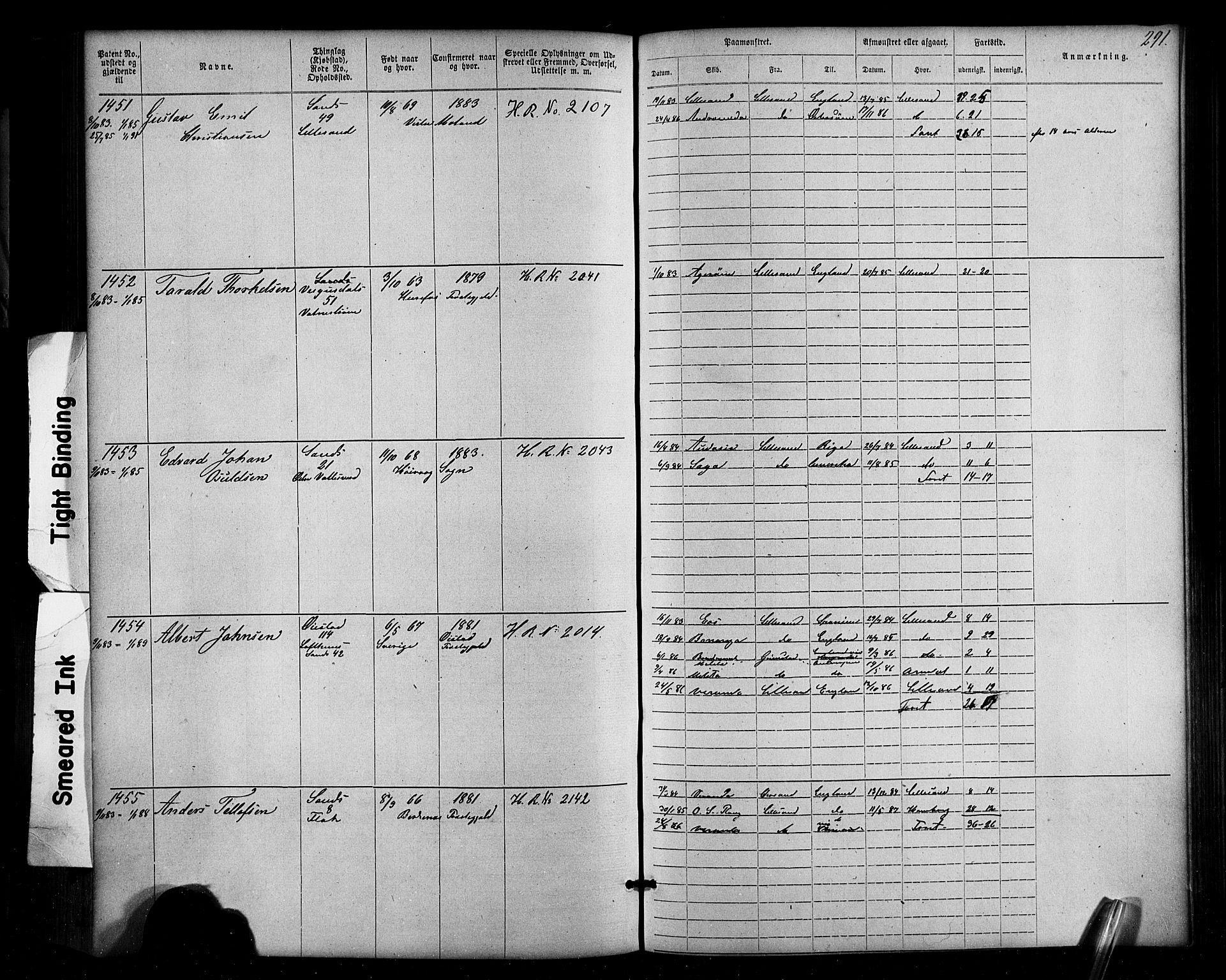 Lillesand mønstringskrets, SAK/2031-0014/F/Fa/L0002: Annotasjonsrulle nr 1-1910 med register, W-8, 1868-1891, p. 297