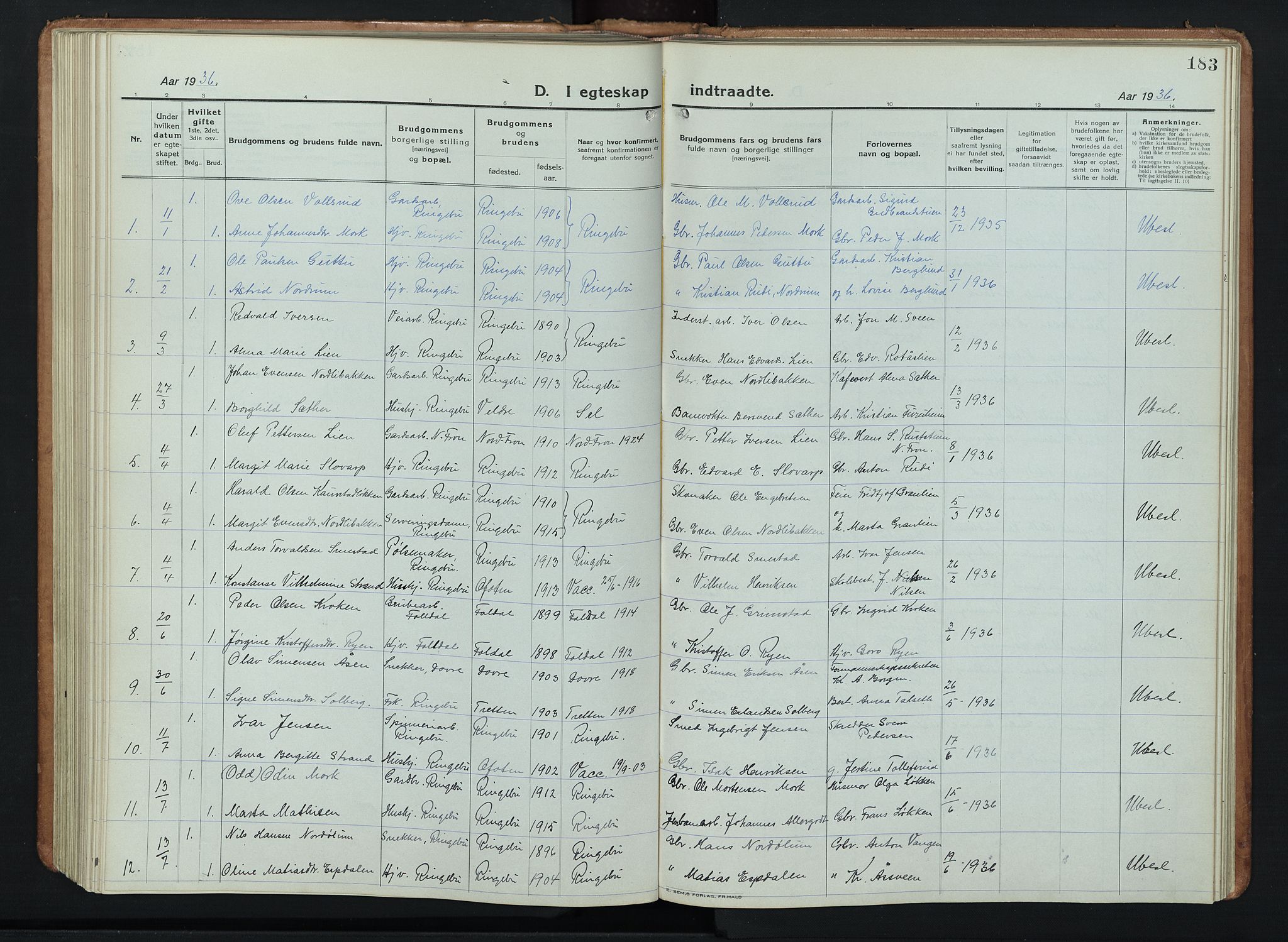 Ringebu prestekontor, AV/SAH-PREST-082/H/Ha/Hab/L0011: Parish register (copy) no. 11, 1921-1943, p. 183