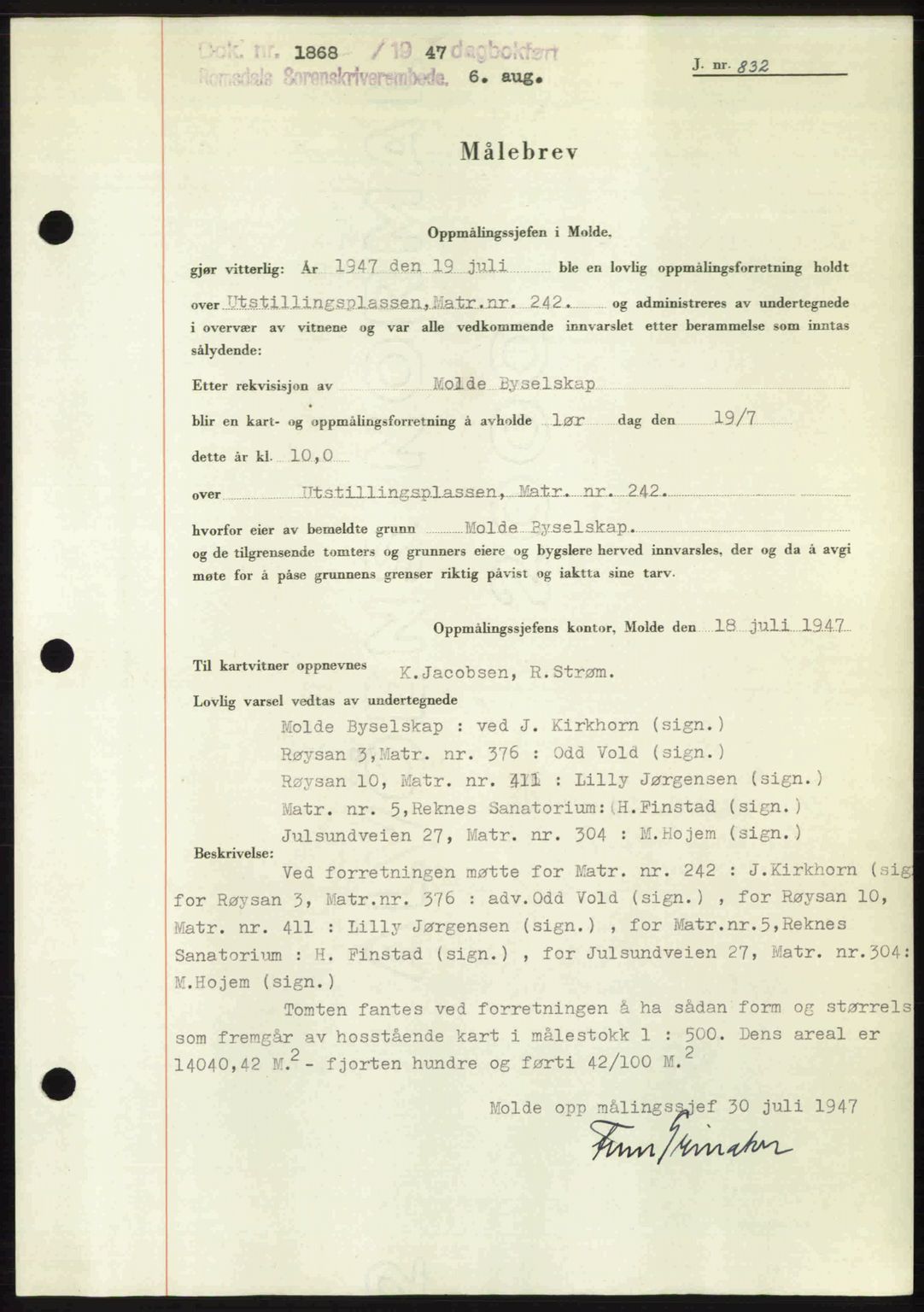 Romsdal sorenskriveri, AV/SAT-A-4149/1/2/2C: Mortgage book no. A23, 1947-1947, Diary no: : 1868/1947