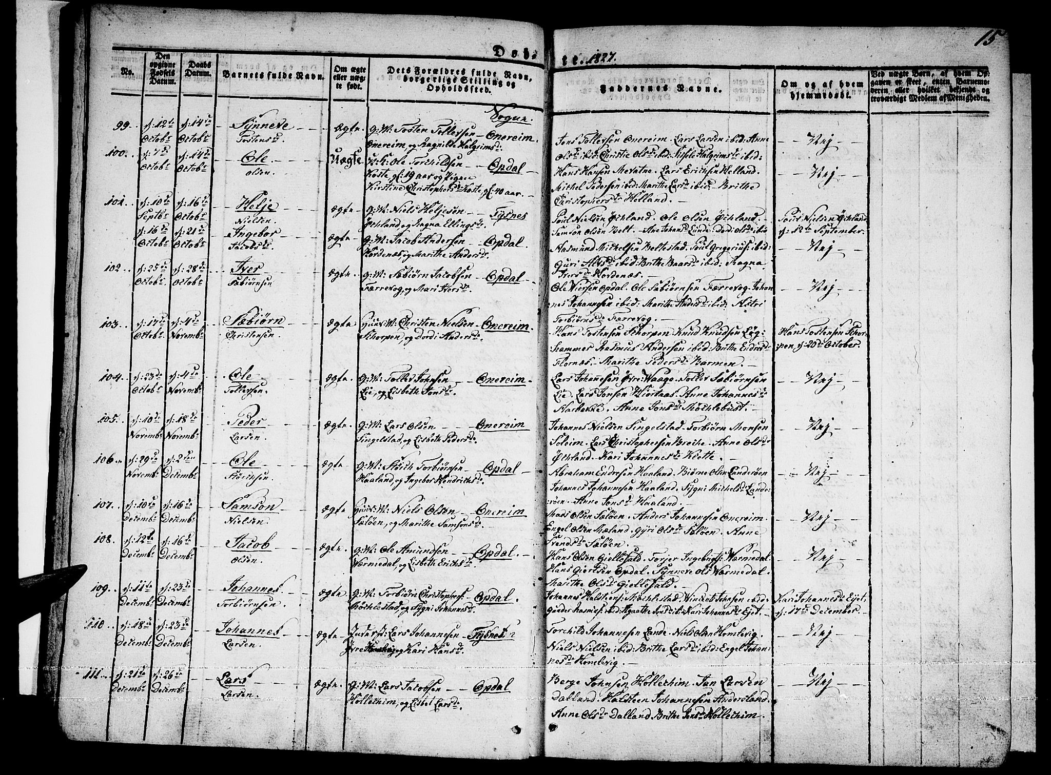 Tysnes sokneprestembete, SAB/A-78601/H/Haa: Parish register (official) no. A 8, 1826-1837, p. 15