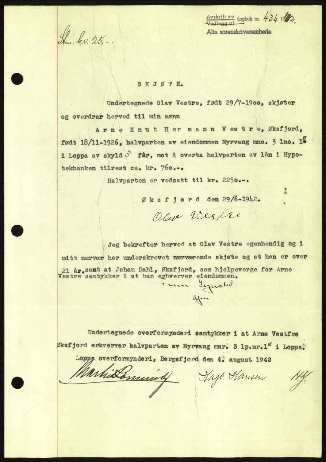 Alta fogderi/sorenskriveri, SATØ/SATØ-5/1/K/Kd/L0033pantebok: Mortgage book no. 33, 1940-1943, Diary no: : 434/1942