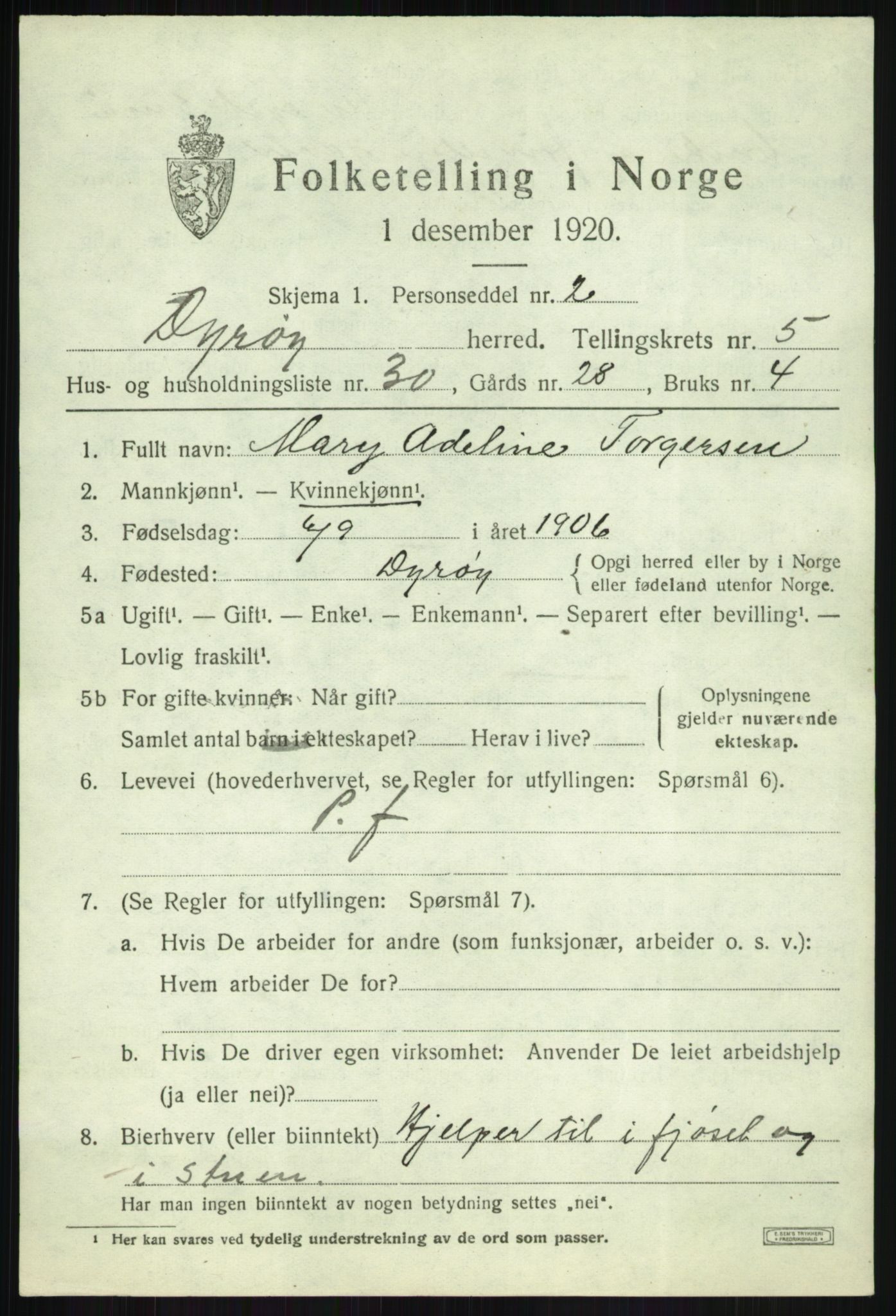 SATØ, 1920 census for Dyrøy, 1920, p. 3111