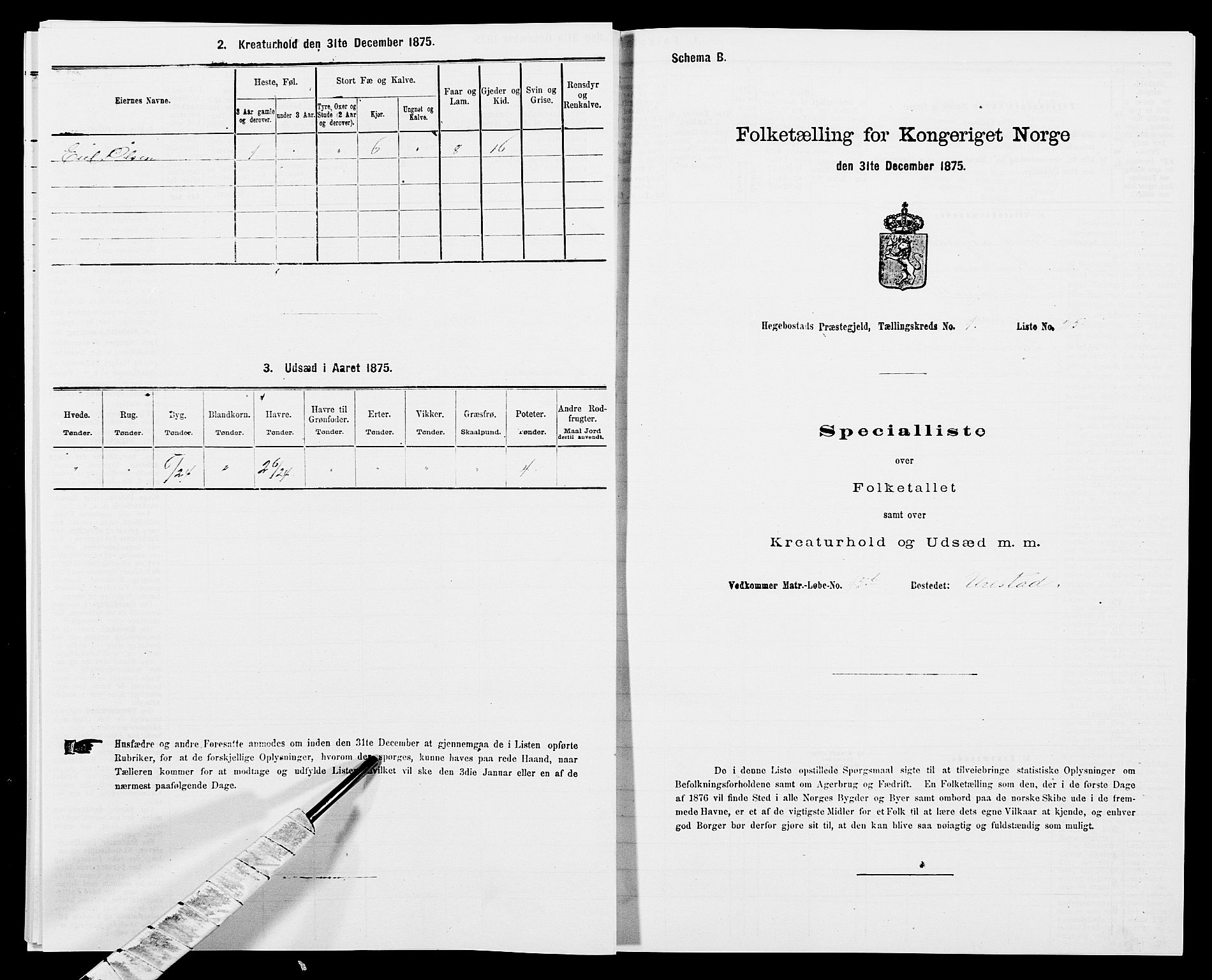 SAK, 1875 census for 1034P Hægebostad, 1875, p. 92