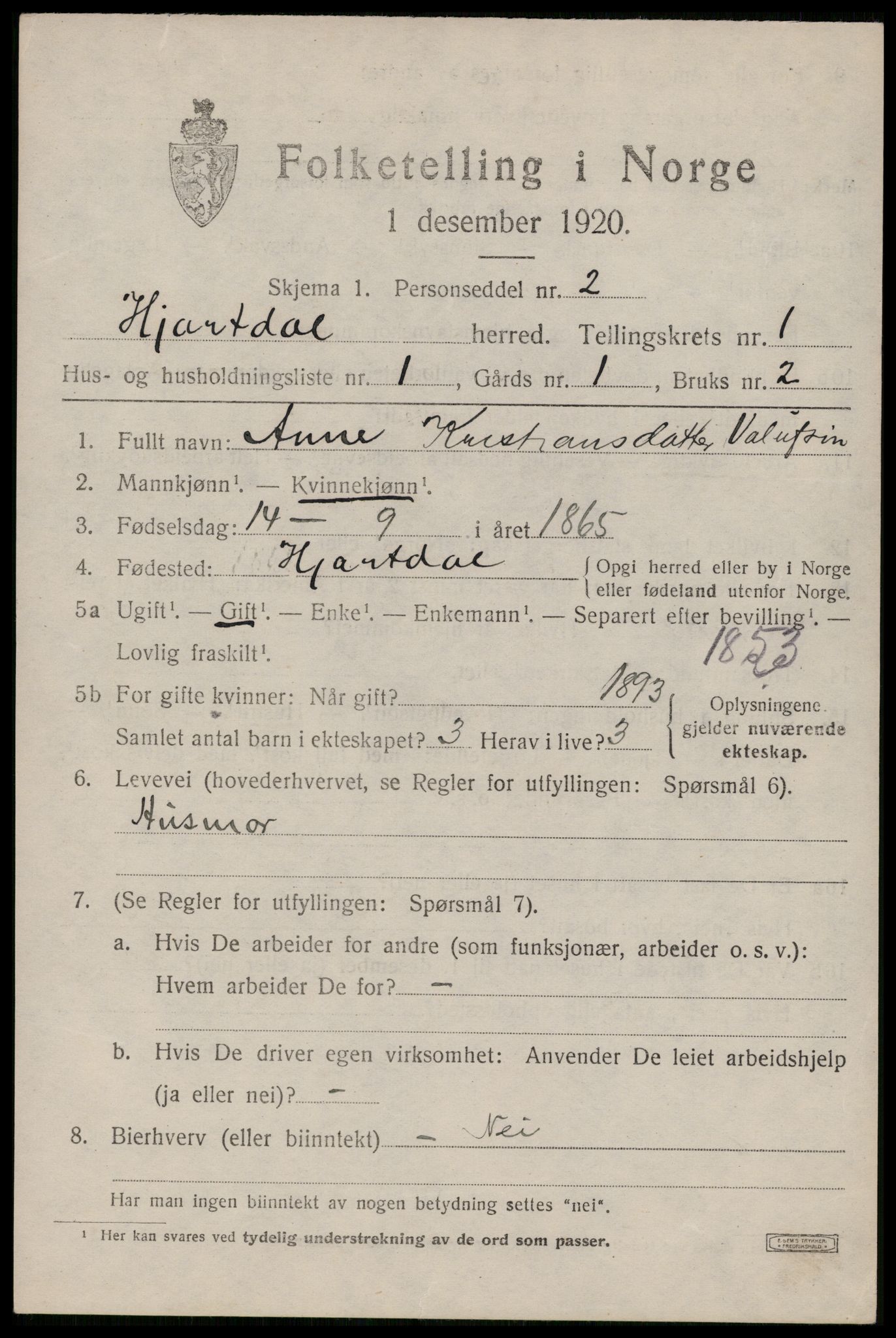 SAKO, 1920 census for Hjartdal, 1920, p. 940