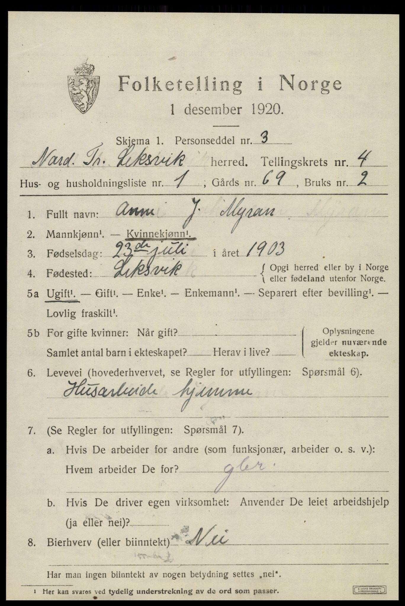 SAT, 1920 census for Leksvik, 1920, p. 3510