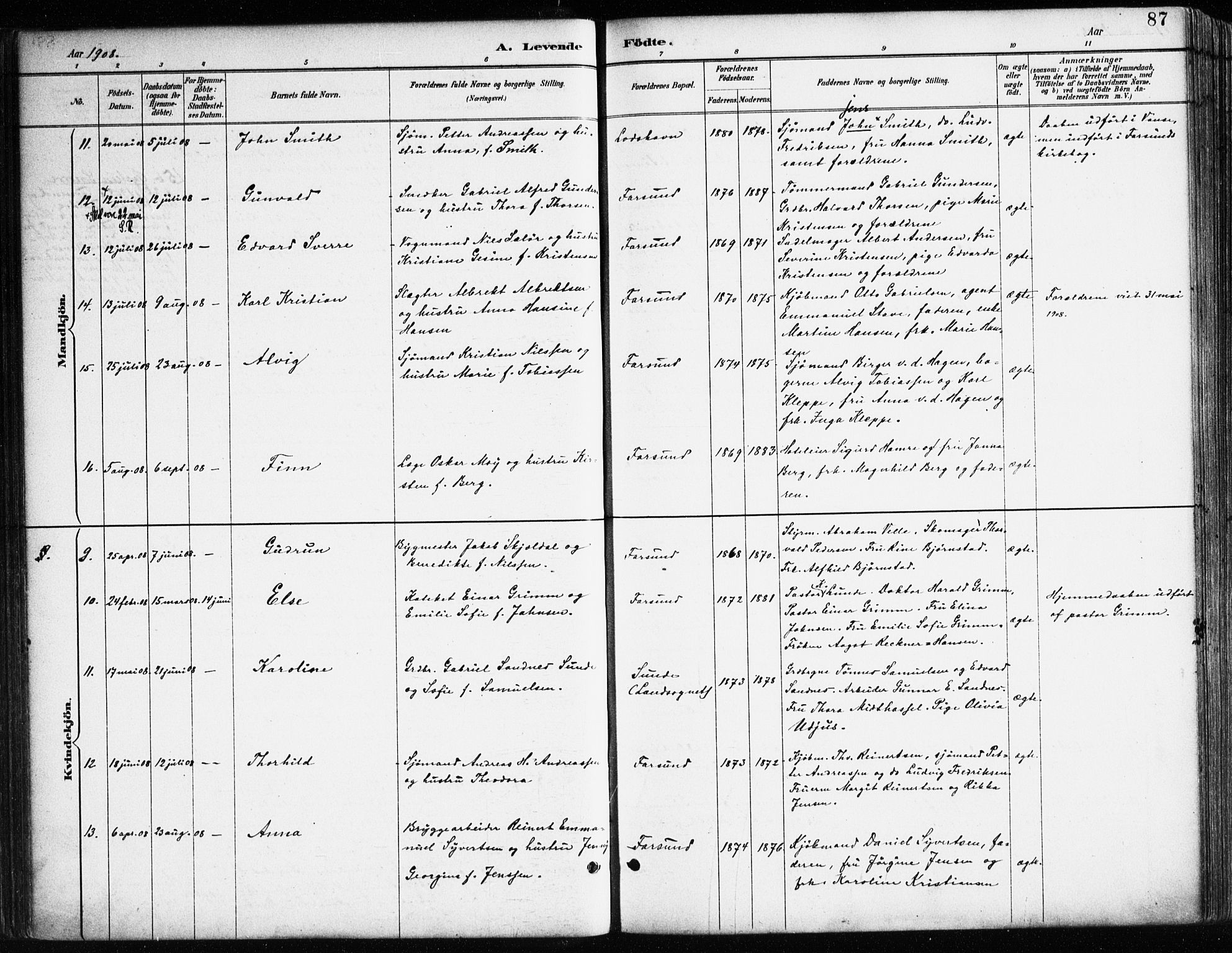 Farsund sokneprestkontor, AV/SAK-1111-0009/F/Fa/L0006: Parish register (official) no. A 6, 1887-1920, p. 87