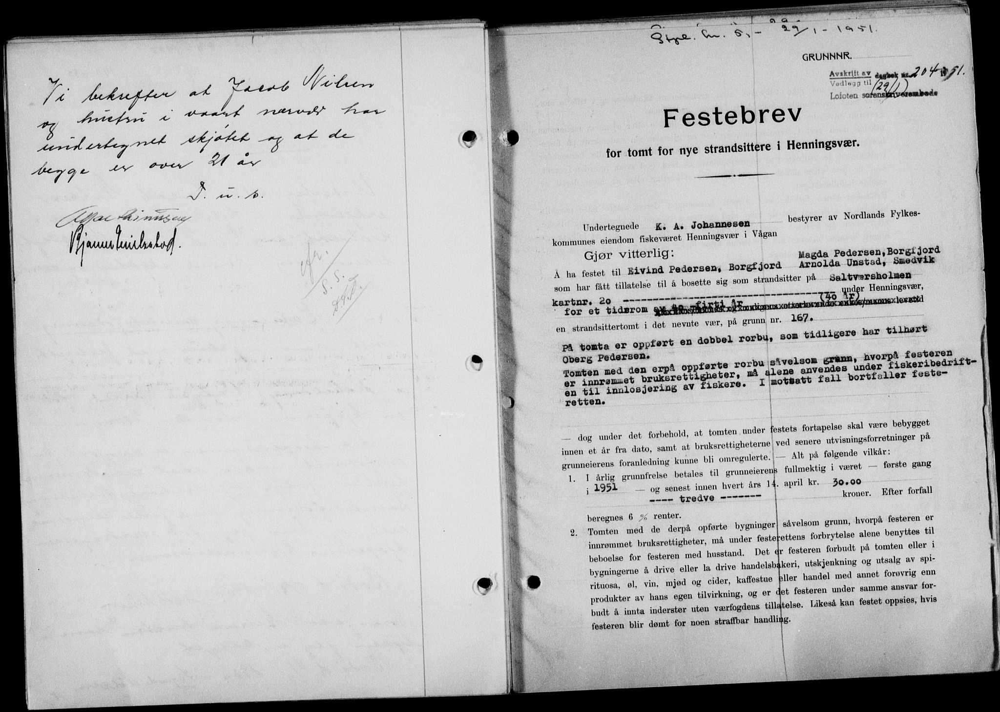 Lofoten sorenskriveri, SAT/A-0017/1/2/2C/L0025a: Mortgage book no. 25a, 1950-1951, Diary no: : 204/1951