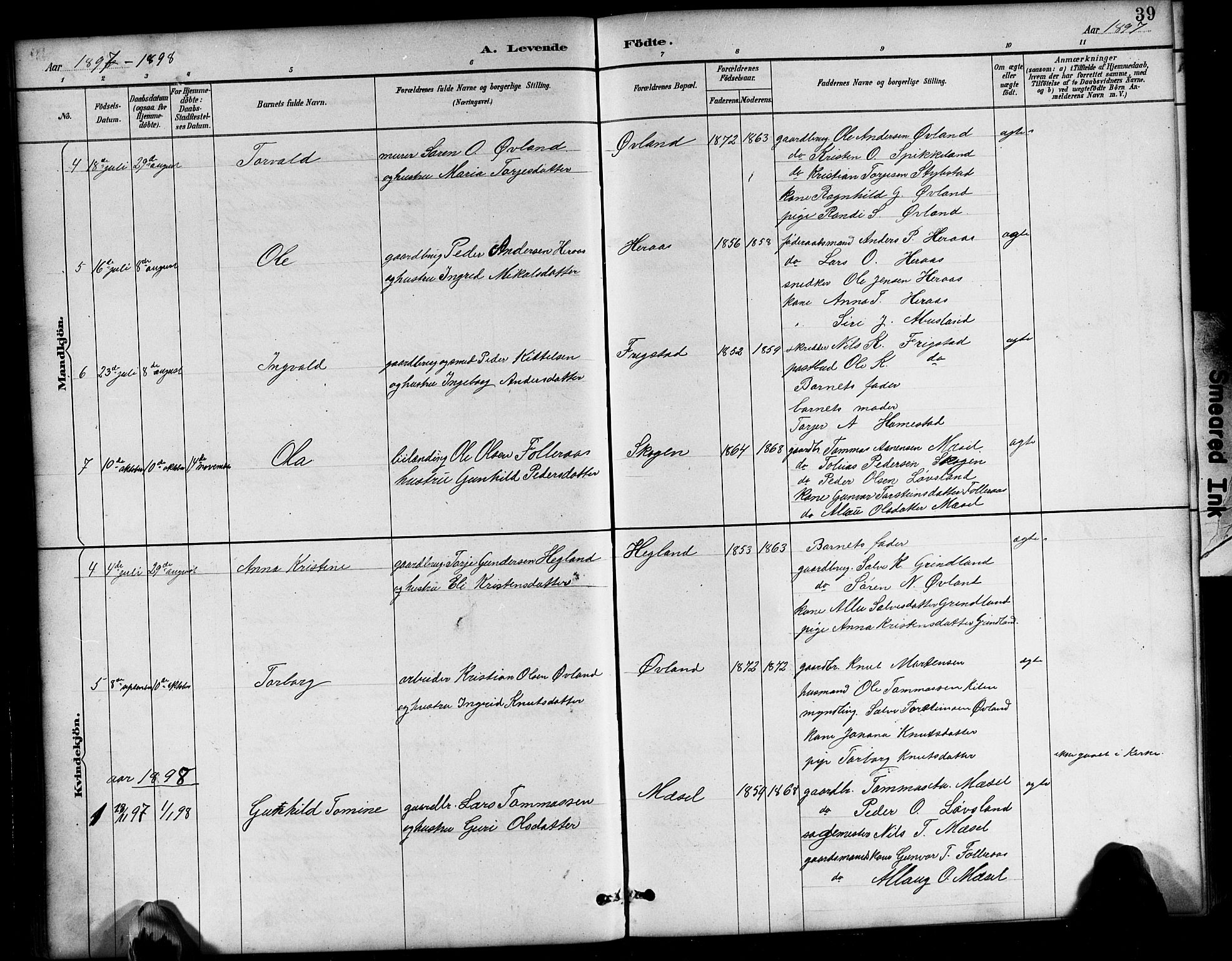 Bjelland sokneprestkontor, SAK/1111-0005/F/Fb/Fbb/L0005: Parish register (copy) no. B 5, 1887-1918, p. 39