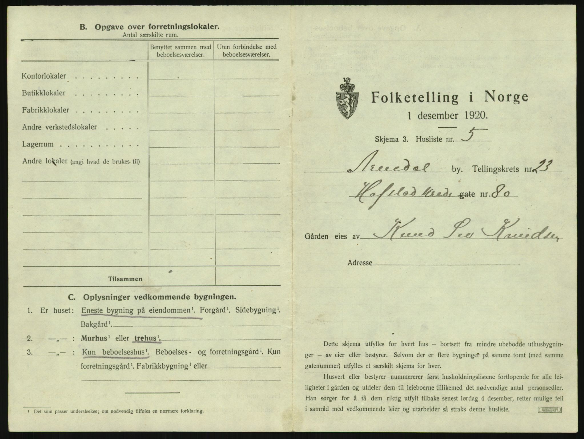 SAK, 1920 census for Arendal, 1920, p. 3570