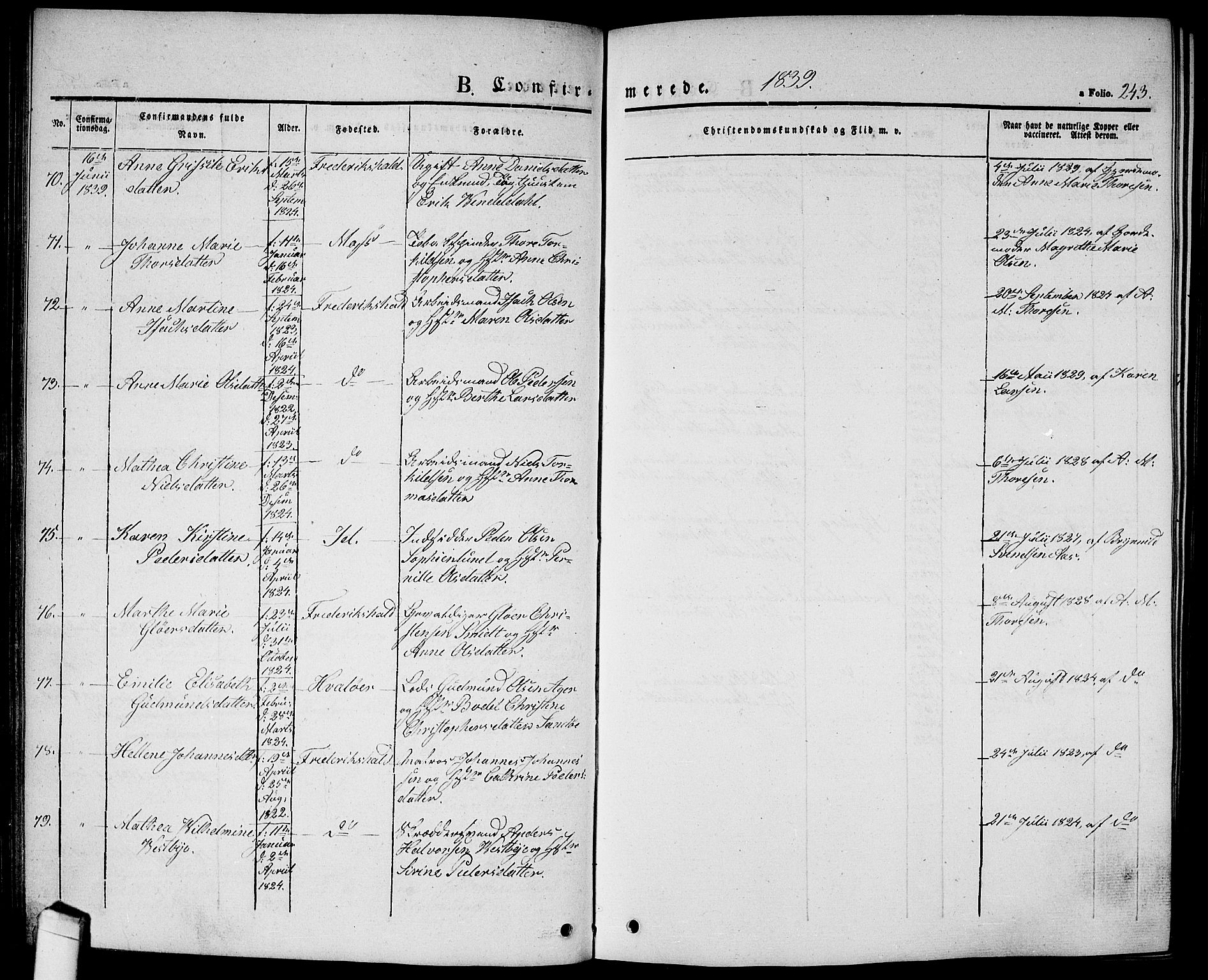 Halden prestekontor Kirkebøker, AV/SAO-A-10909/G/Ga/L0003: Parish register (copy) no. 3, 1834-1844, p. 243