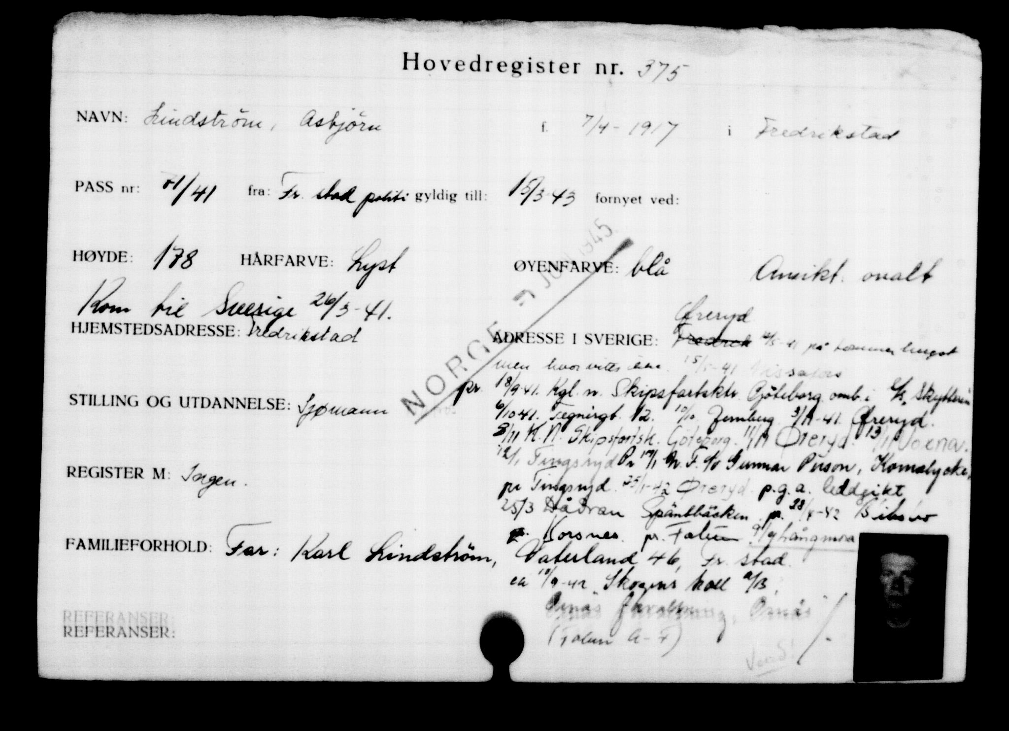 Utenriksstasjonene, Legasjonen i Stockholm, Flyktningkontoret, AV/RA-S-6753/V/Va/L0001: Kjesäterkartoteket, flyktninger med registreringsnr. 1-1000, 1940-1945, p. 592