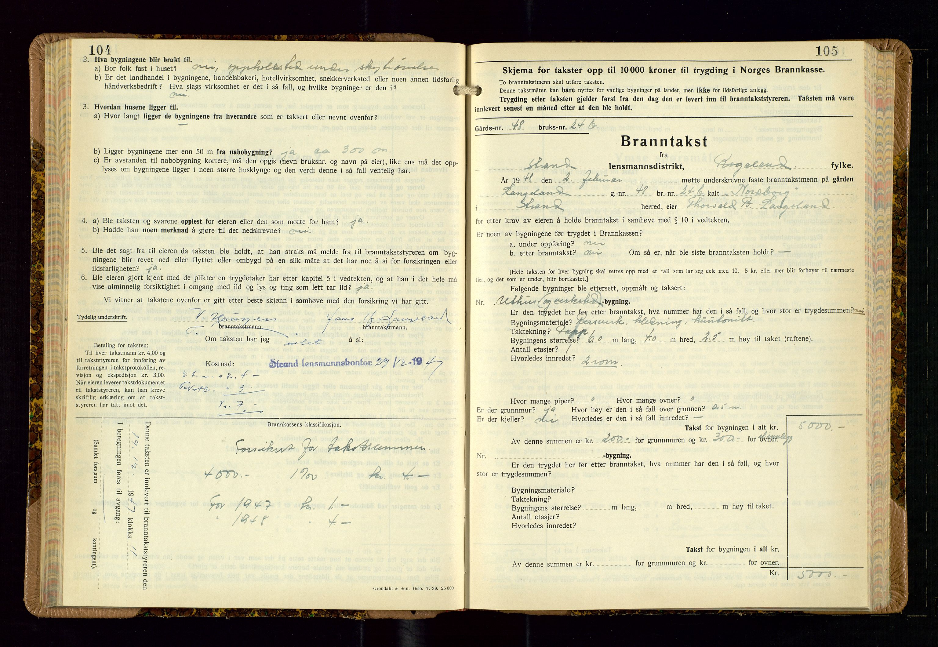 Strand og Forsand lensmannskontor, AV/SAST-A-100451/Gob/L0002: Branntakstprotokoll, 1942-1953, p. 104-105