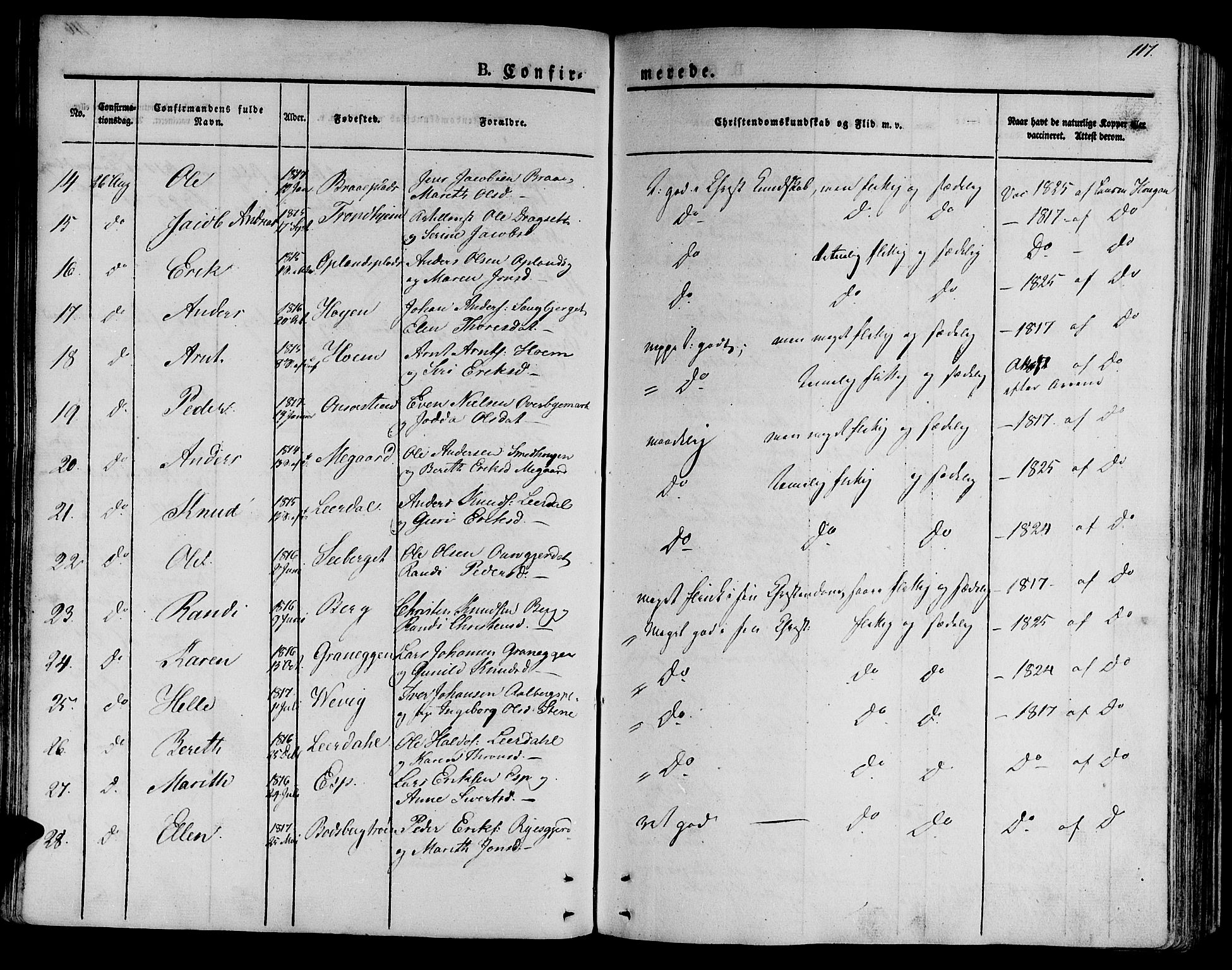 Ministerialprotokoller, klokkerbøker og fødselsregistre - Sør-Trøndelag, SAT/A-1456/612/L0374: Parish register (official) no. 612A07 /1, 1829-1845, p. 117