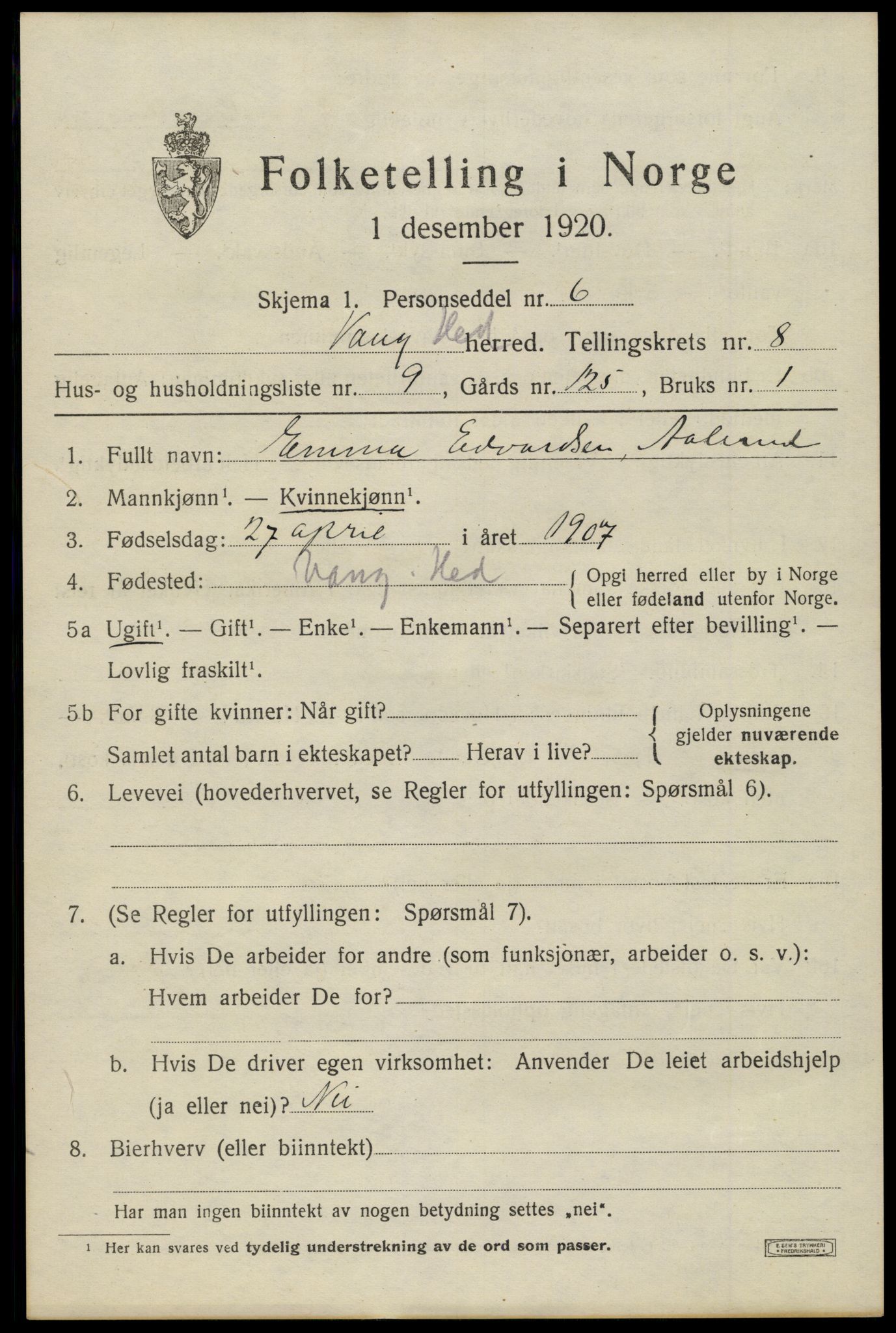 SAH, 1920 census for Vang (Hedmark), 1920, p. 17543