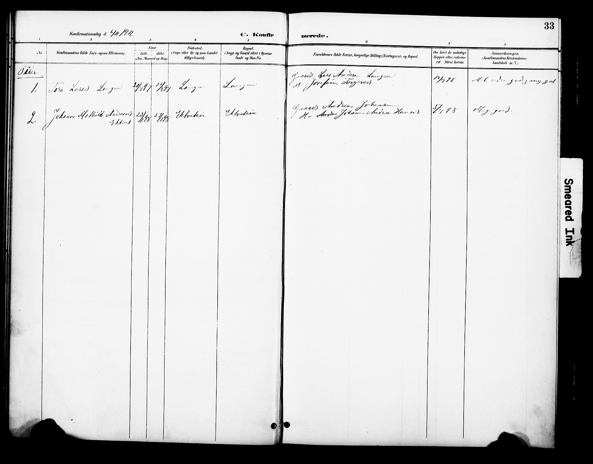 Ramnes kirkebøker, AV/SAKO-A-314/F/Fc/L0002: Parish register (official) no. III 2, 1900-1914, p. 33