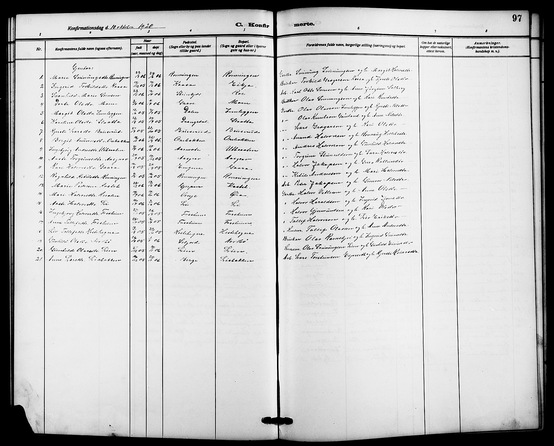 Bø kirkebøker, SAKO/A-257/G/Ga/L0007: Parish register (copy) no. 7, 1909-1924, p. 97