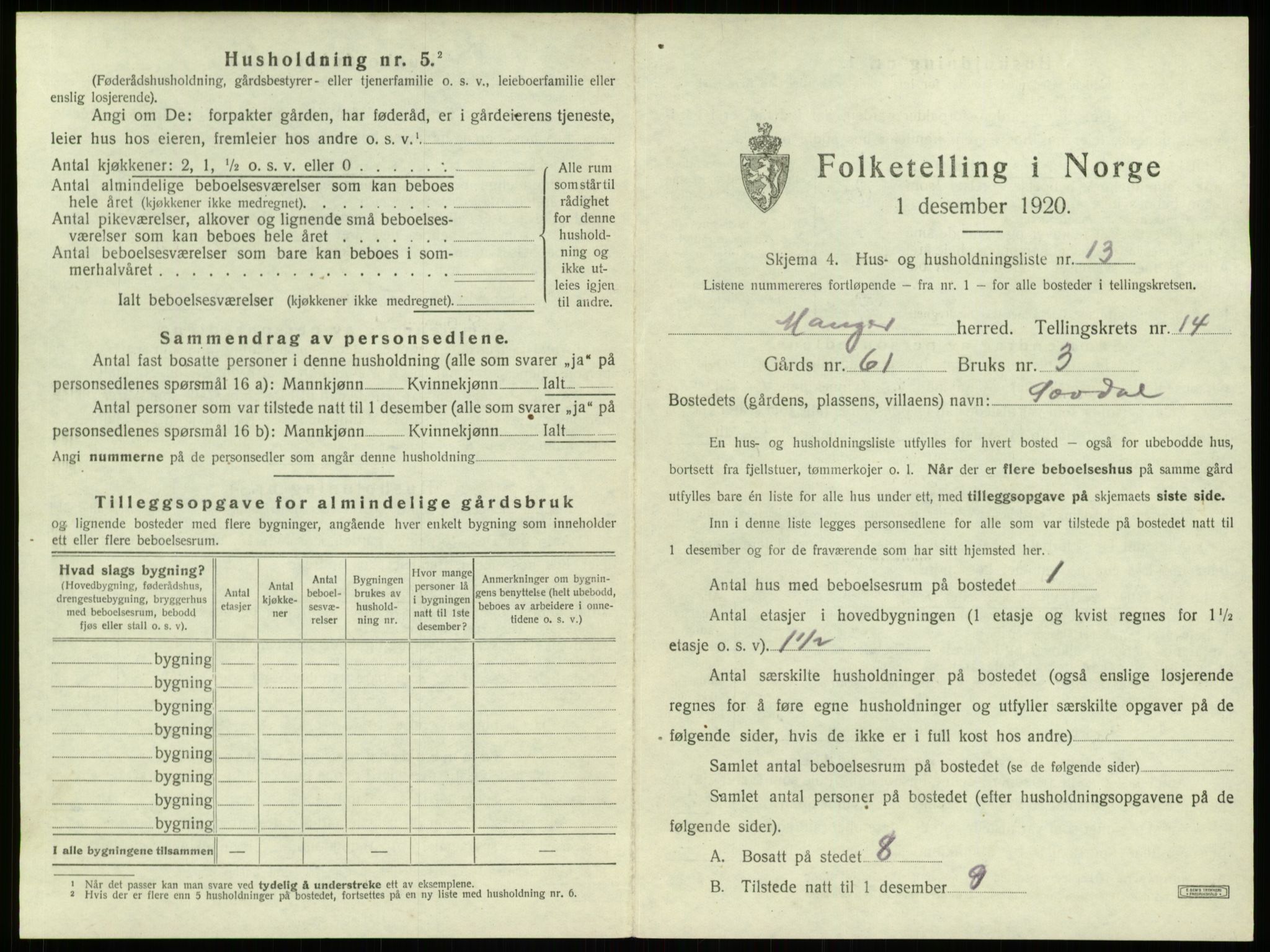 SAB, 1920 census for Manger, 1920, p. 1115