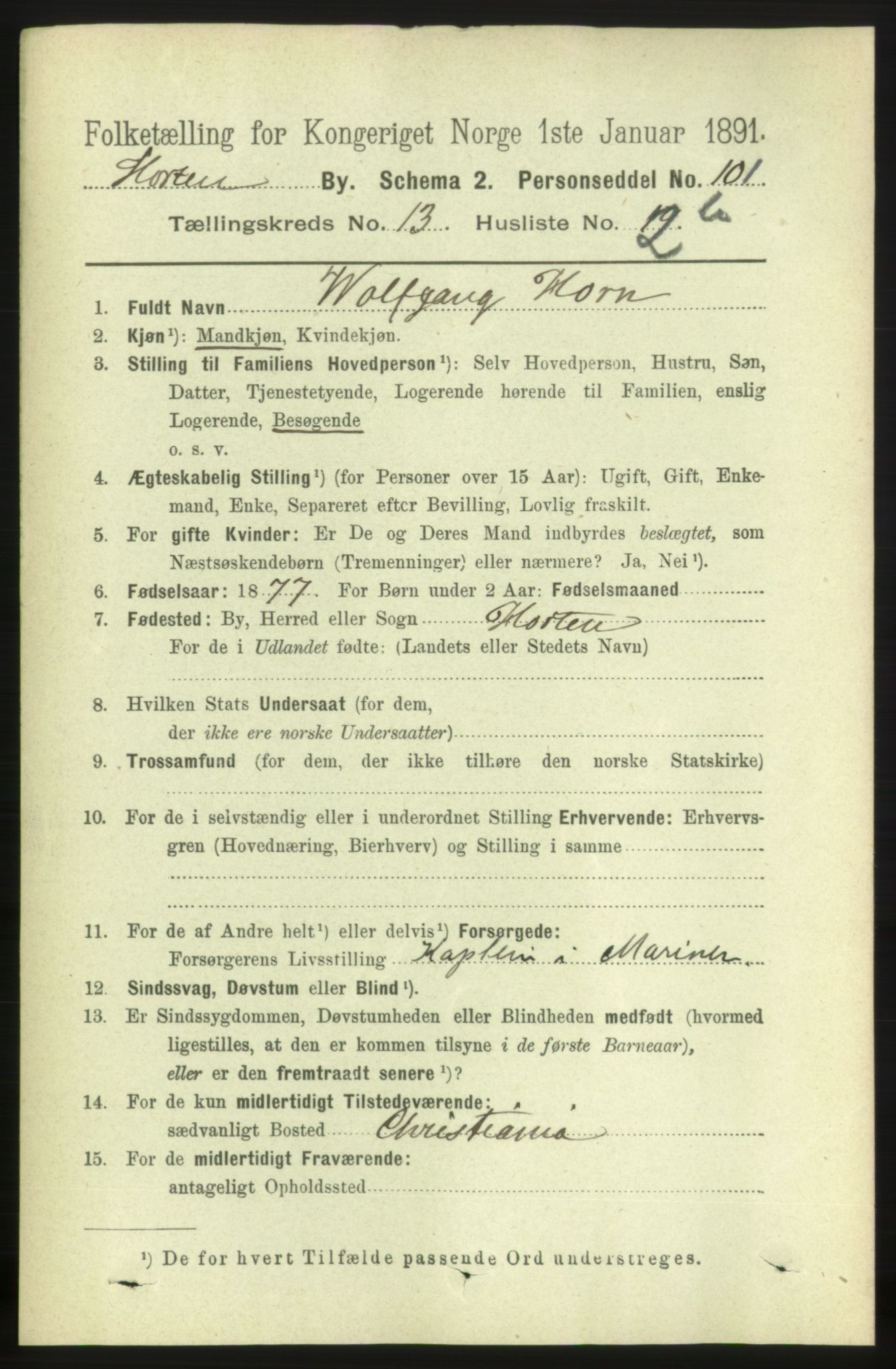 RA, 1891 census for 0703 Horten, 1891, p. 7995