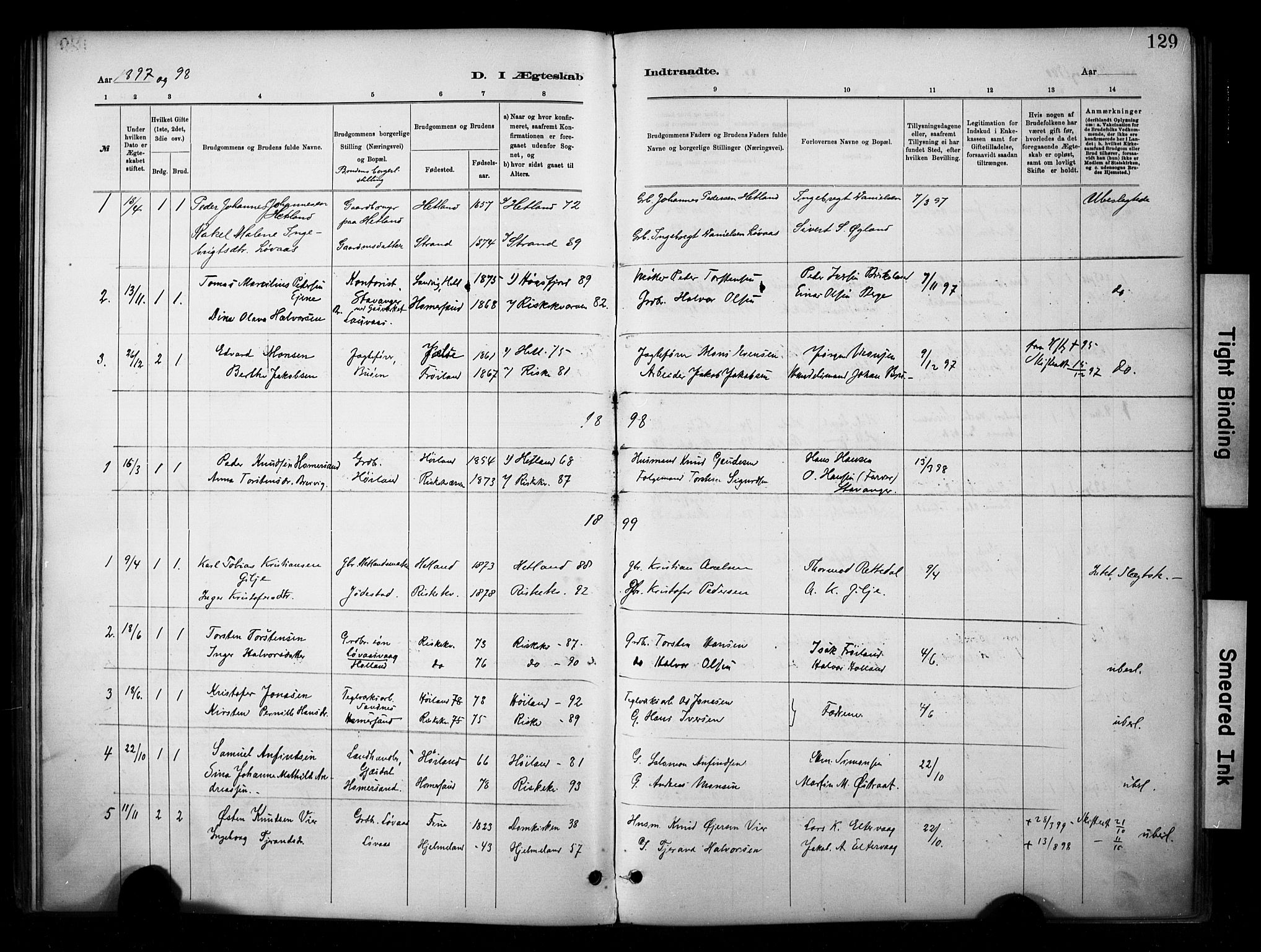 Hetland sokneprestkontor, AV/SAST-A-101826/30/30BA/L0010: Parish register (official) no. A 10, 1882-1925, p. 129