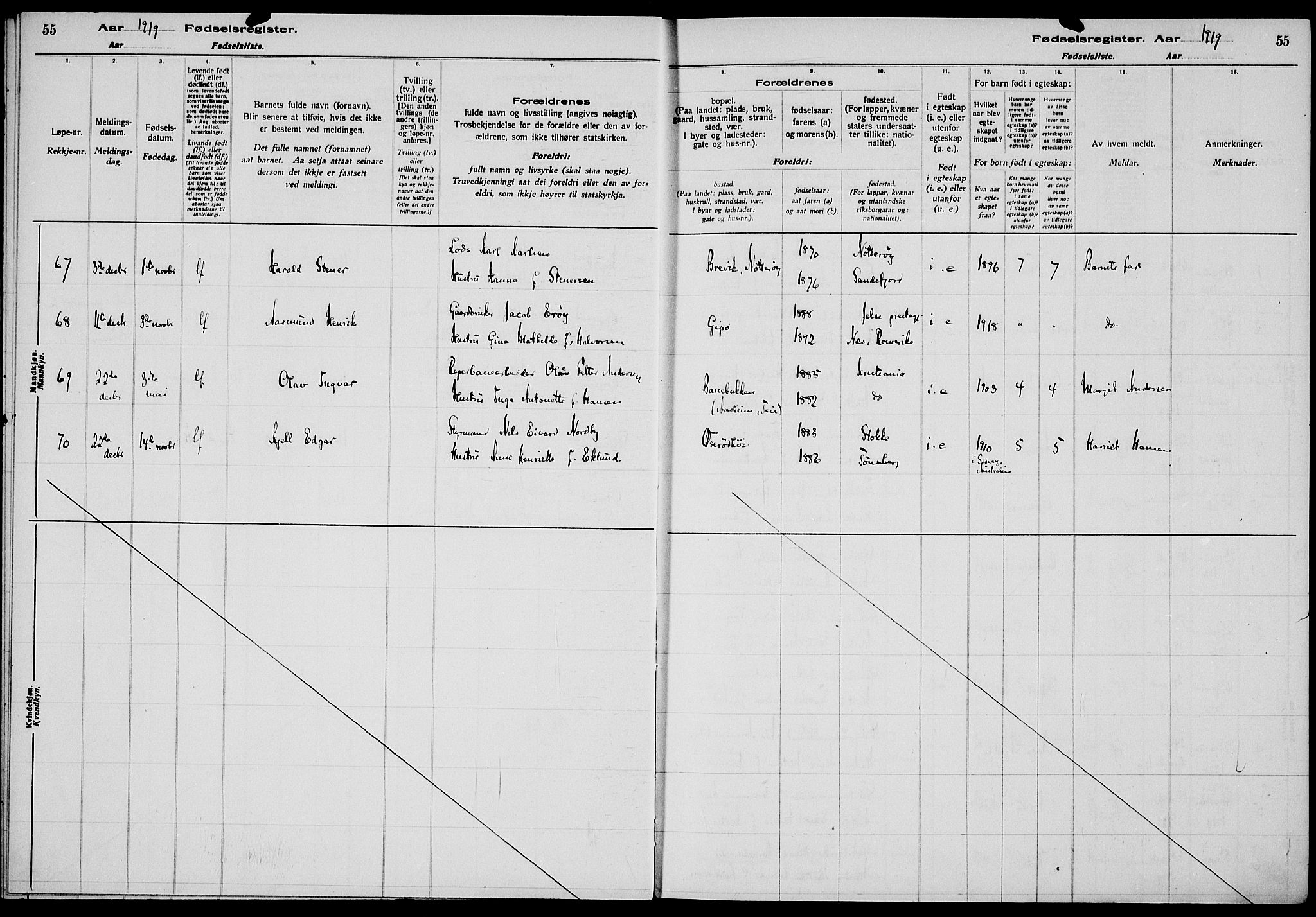 Nøtterøy kirkebøker, AV/SAKO-A-354/J/Ja/L0001: Birth register no. 1, 1916-1928, p. 55