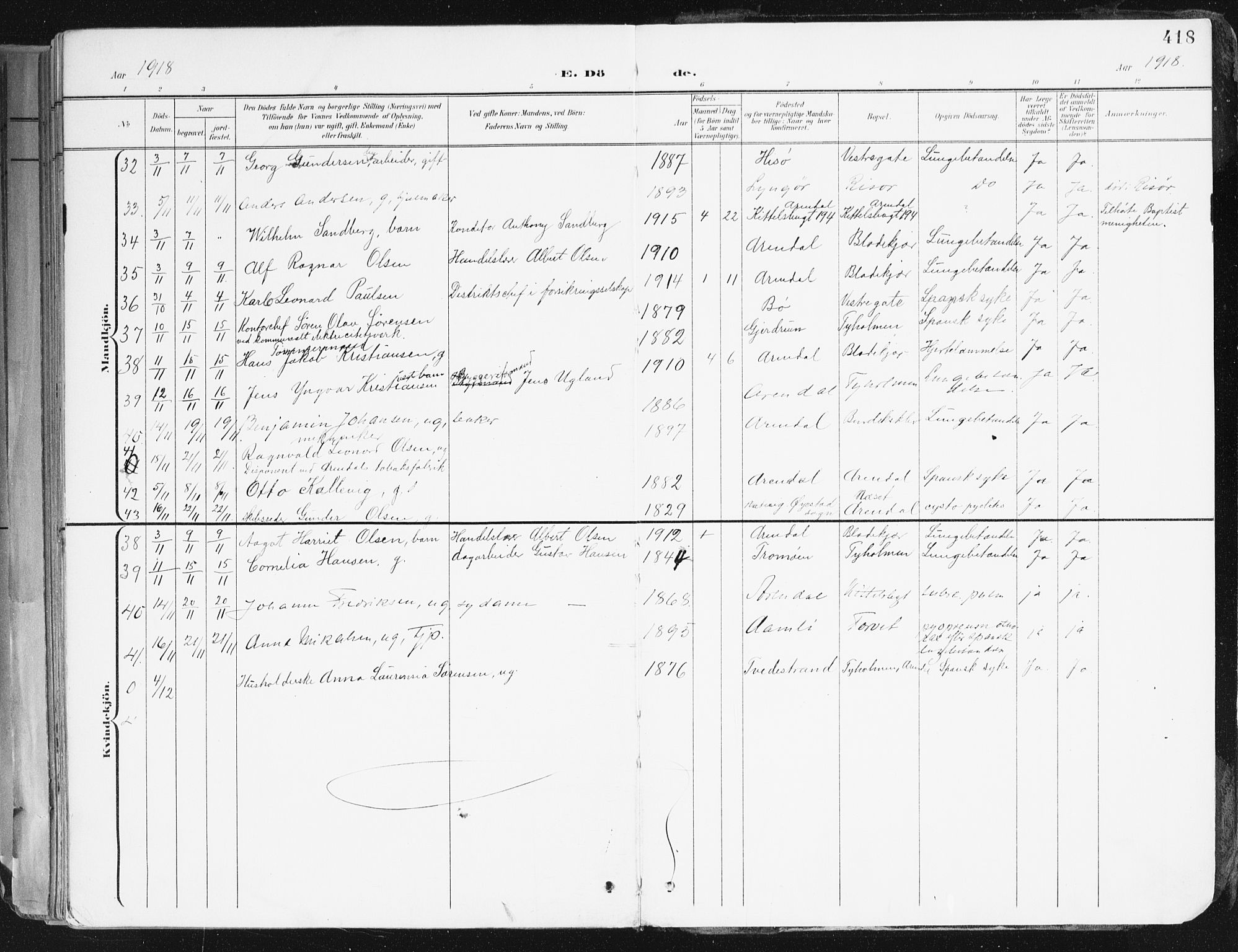 Arendal sokneprestkontor, Trefoldighet, AV/SAK-1111-0040/F/Fa/L0010: Parish register (official) no. A 10, 1900-1919, p. 418