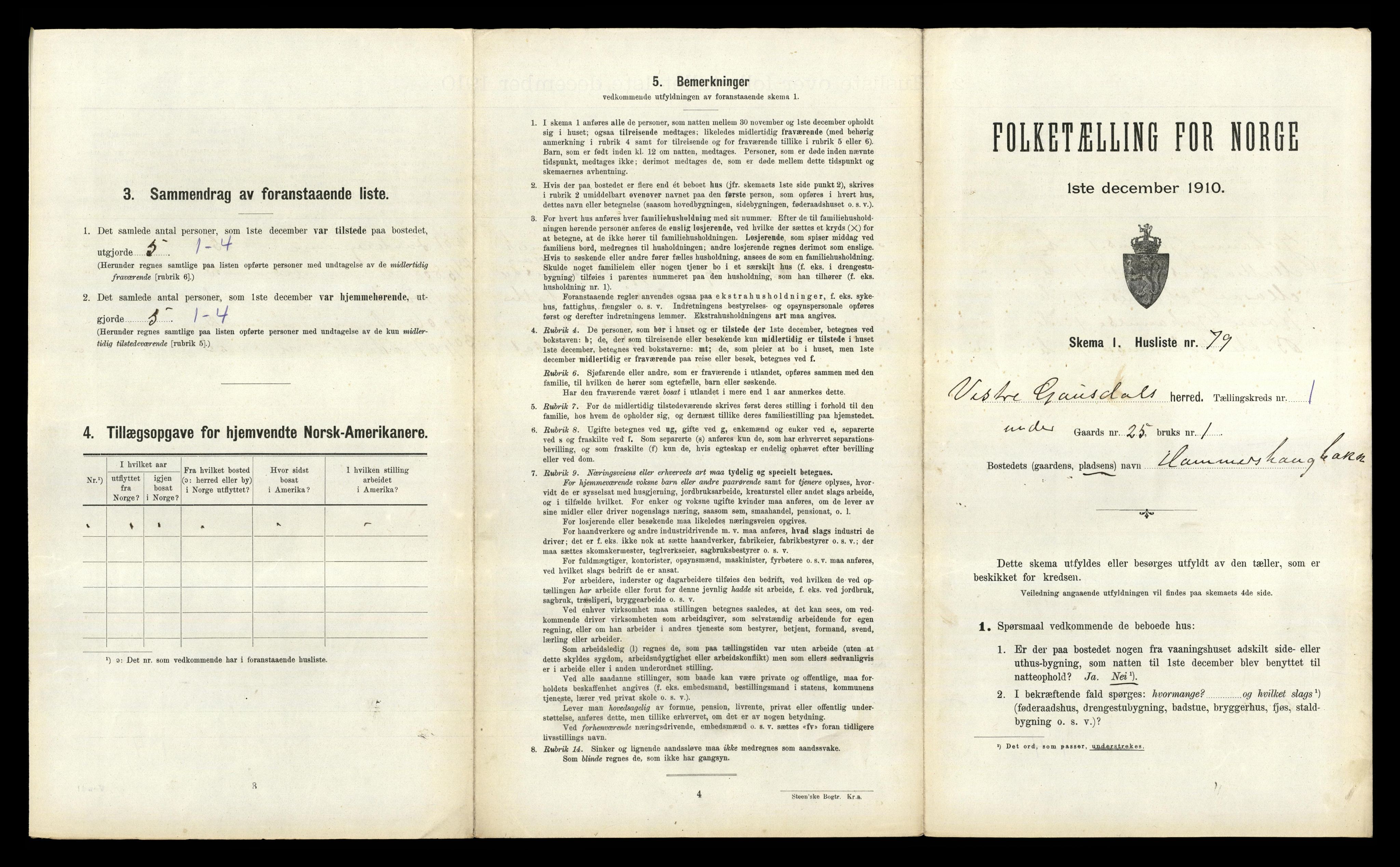 RA, 1910 census for Vestre Gausdal, 1910, p. 189