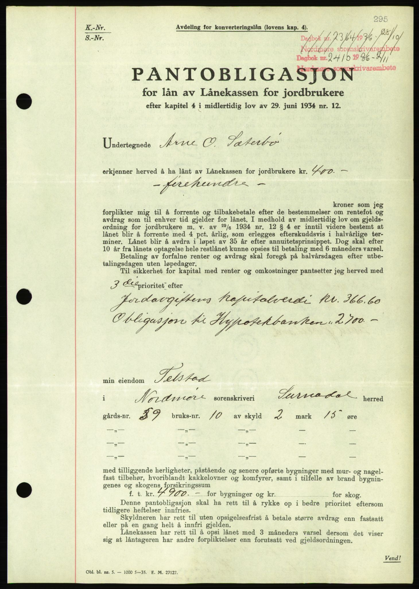 Nordmøre sorenskriveri, AV/SAT-A-4132/1/2/2Ca/L0090: Mortgage book no. B80, 1936-1937, Diary no: : 2410/1936