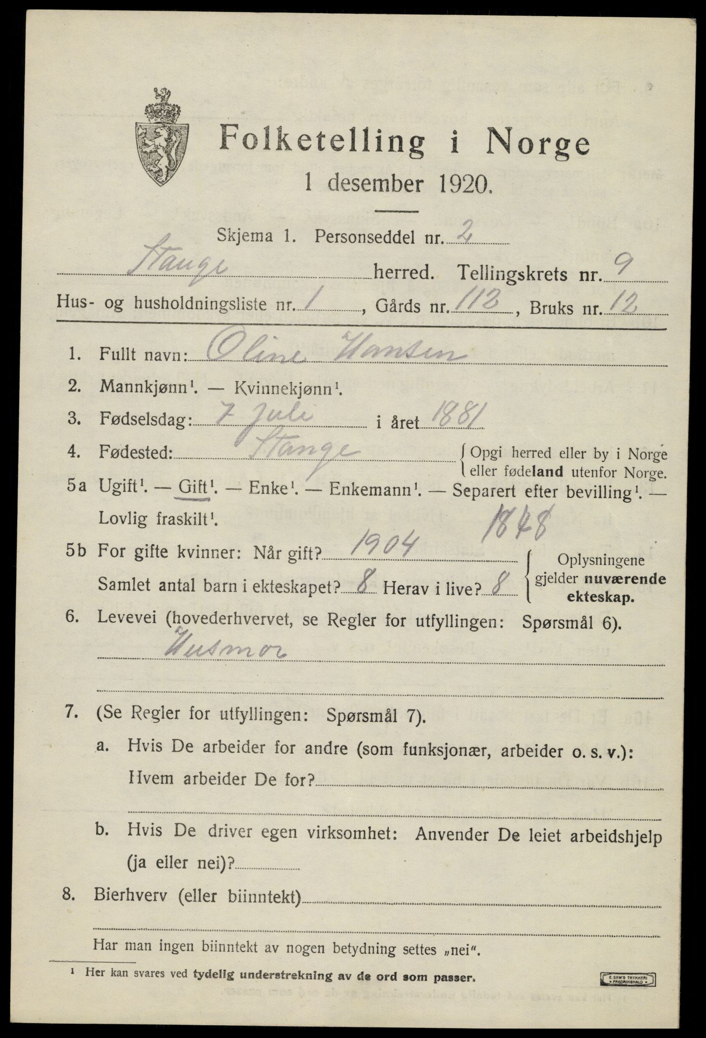 SAH, 1920 census for Stange, 1920, p. 14583