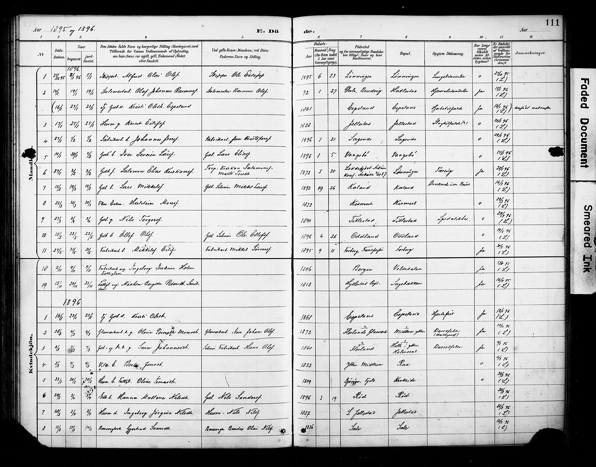 Fana Sokneprestembete, AV/SAB-A-75101/H/Haa/Haab/L0002: Parish register (official) no. B 2, 1890-1897, p. 111