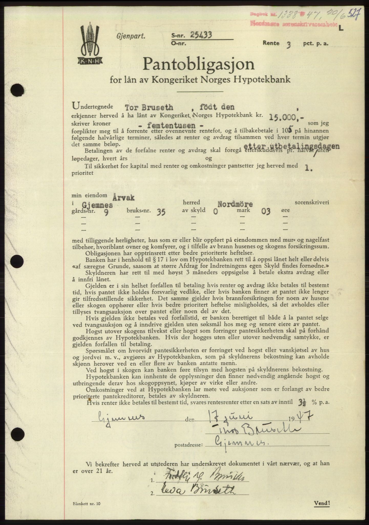 Nordmøre sorenskriveri, AV/SAT-A-4132/1/2/2Ca: Mortgage book no. B96, 1947-1947, Diary no: : 1338/1947