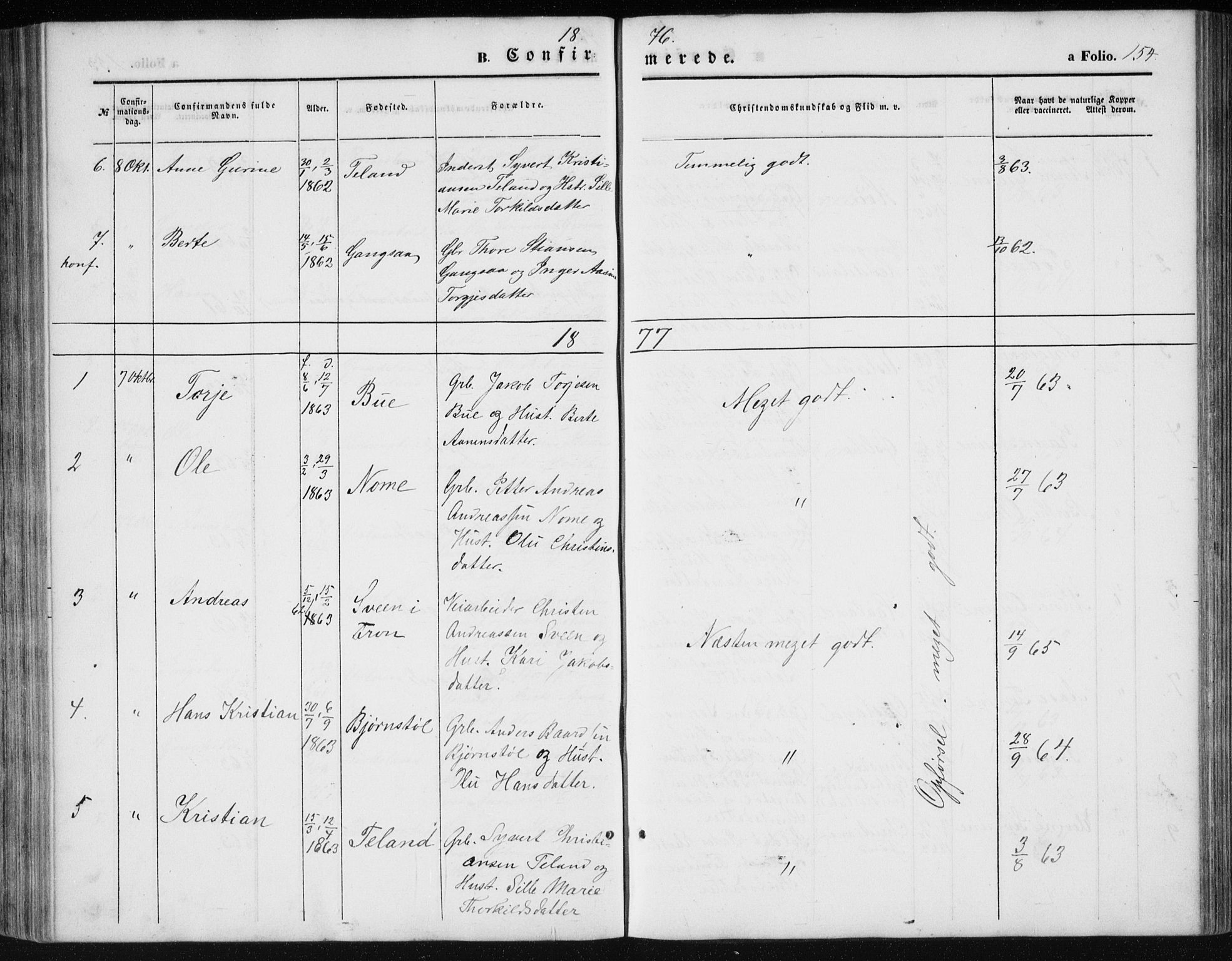 Holum sokneprestkontor, SAK/1111-0022/F/Fb/Fbc/L0002: Parish register (copy) no. B 2, 1860-1882, p. 154