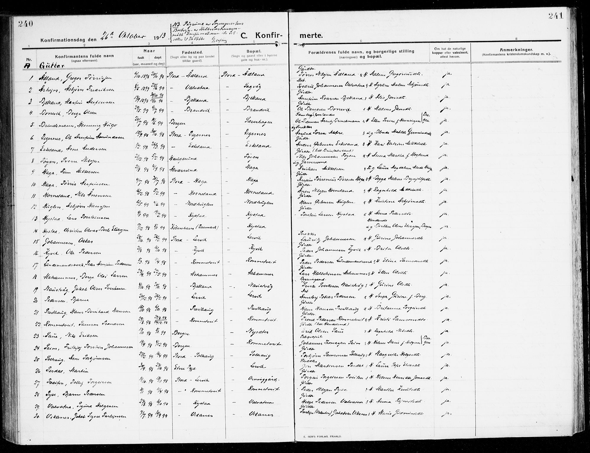 Stord sokneprestembete, SAB/A-78201/H/Haa: Parish register (official) no. B 3, 1913-1925, p. 240-241
