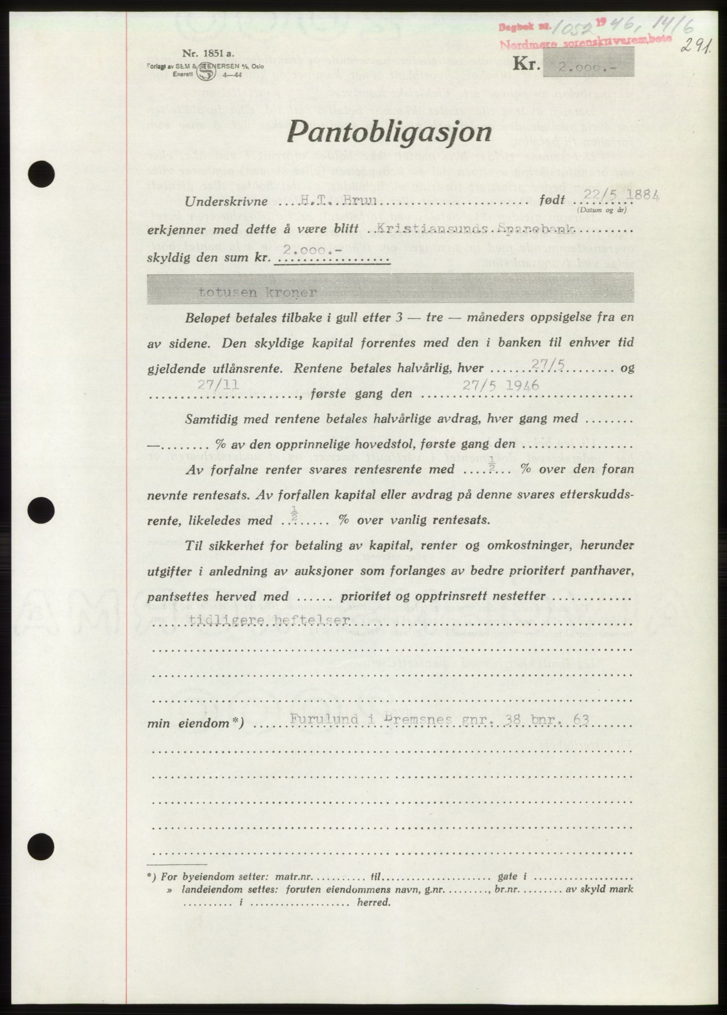 Nordmøre sorenskriveri, AV/SAT-A-4132/1/2/2Ca: Mortgage book no. B94, 1946-1946, Diary no: : 1052/1946