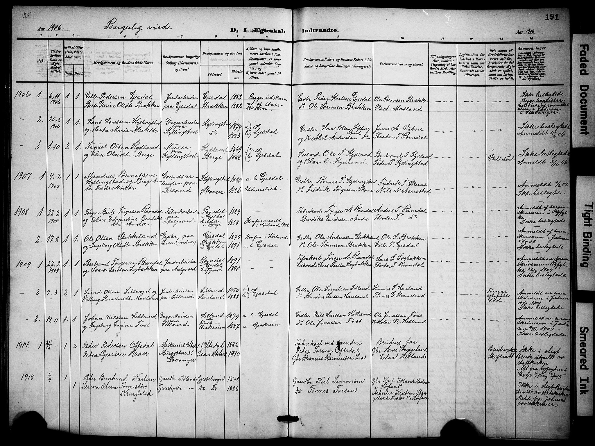 Lye sokneprestkontor, AV/SAST-A-101794/001/30BB/L0009: Parish register (copy) no. B 9, 1902-1923, p. 191