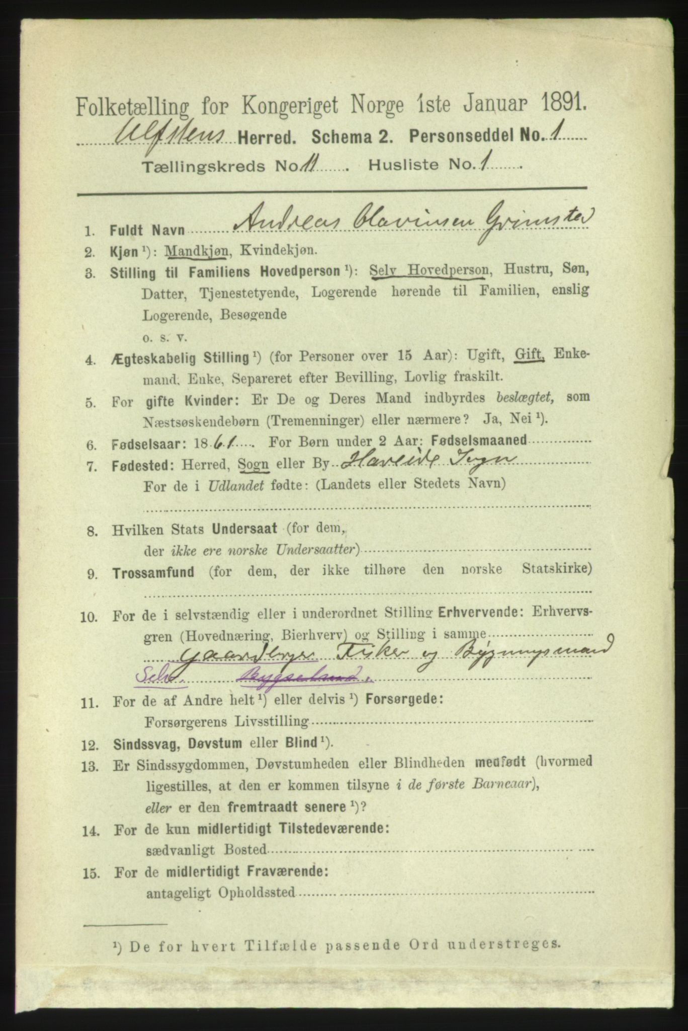 RA, 1891 census for 1516 Ulstein, 1891, p. 3457