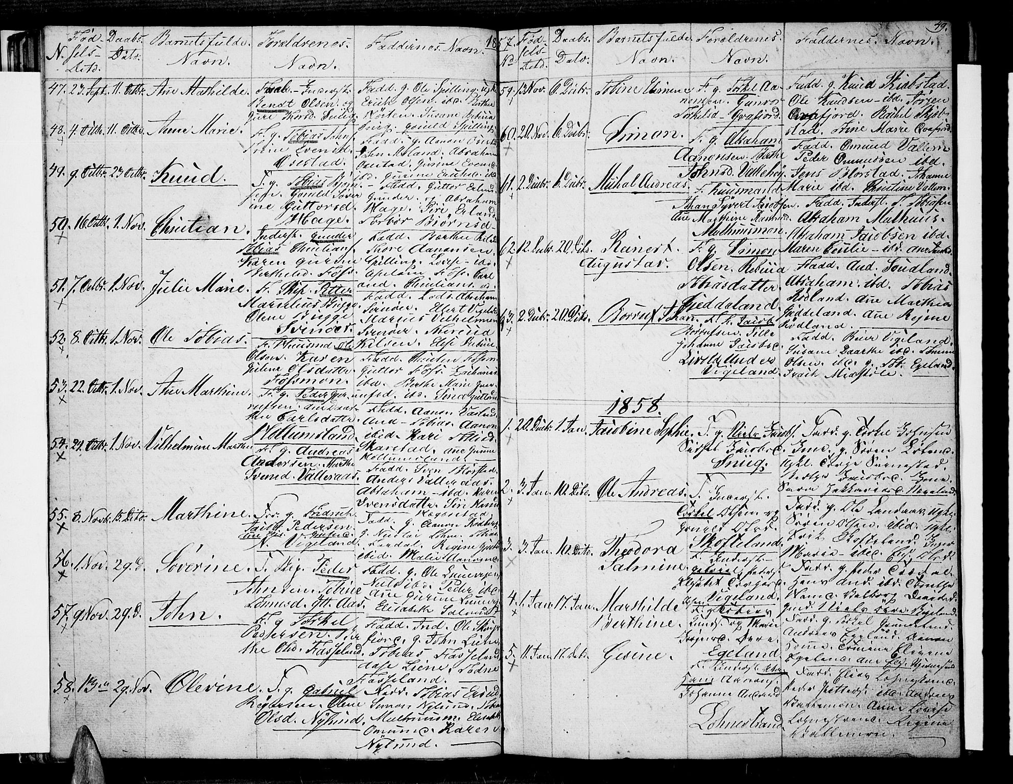 Sør-Audnedal sokneprestkontor, AV/SAK-1111-0039/F/Fb/Fbb/L0002: Parish register (copy) no. B 2, 1846-1865, p. 49