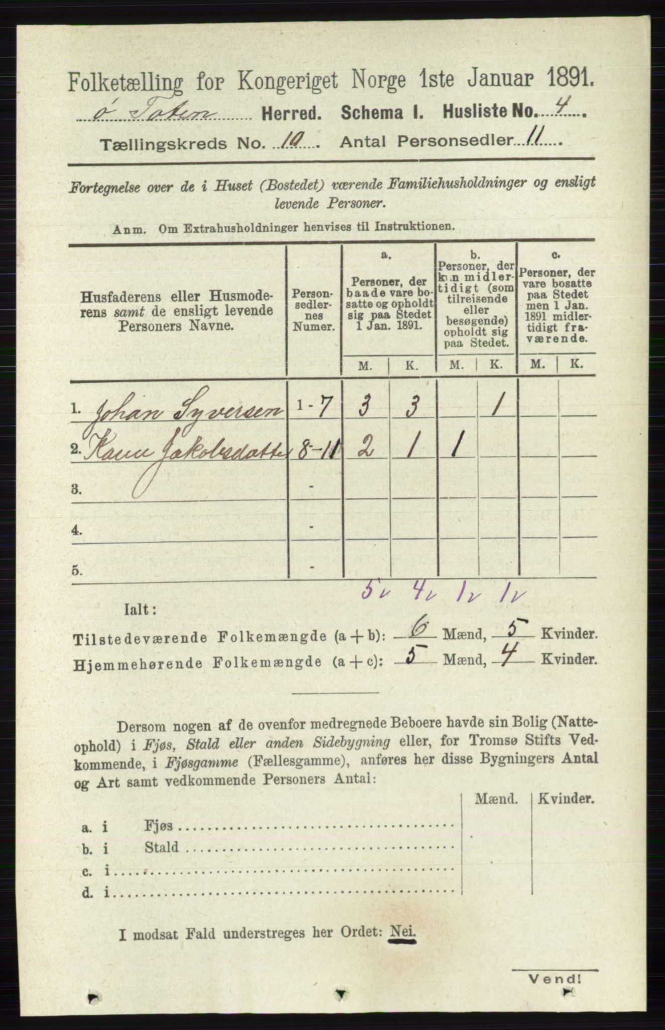 RA, 1891 census for 0528 Østre Toten, 1891, p. 6296