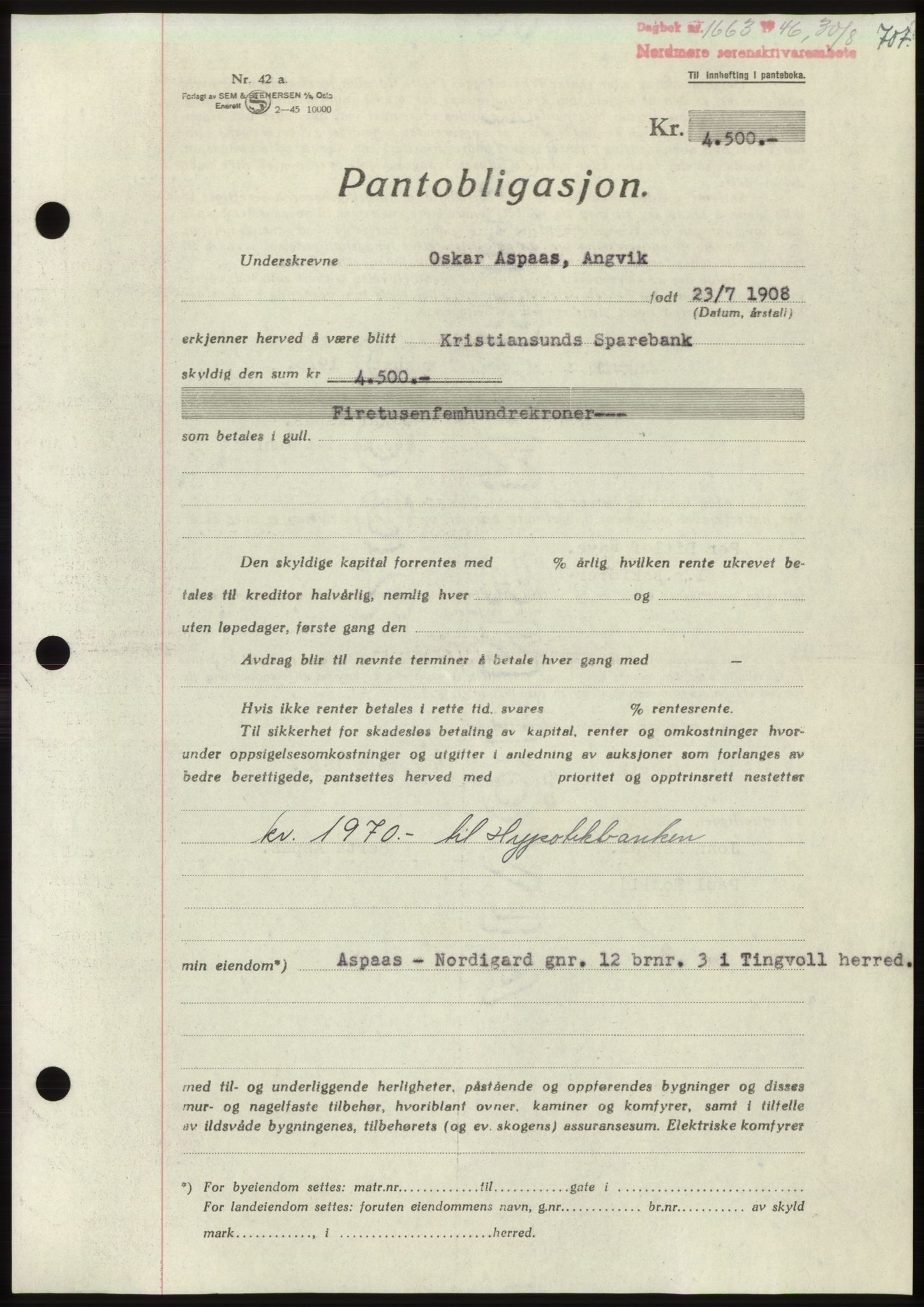 Nordmøre sorenskriveri, AV/SAT-A-4132/1/2/2Ca: Mortgage book no. B94, 1946-1946, Diary no: : 1663/1946