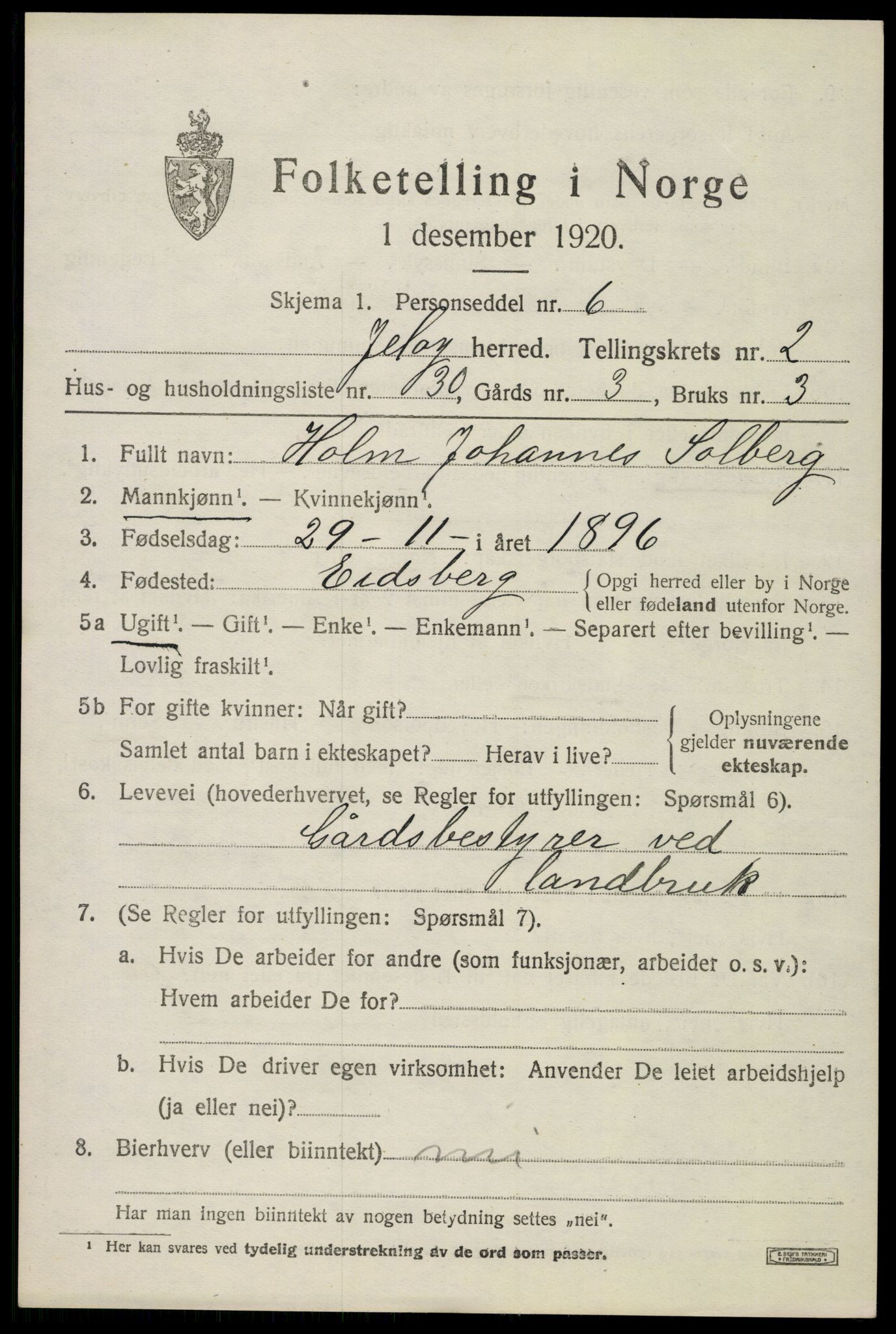 SAO, 1920 census for Moss land district, 1920, p. 2487