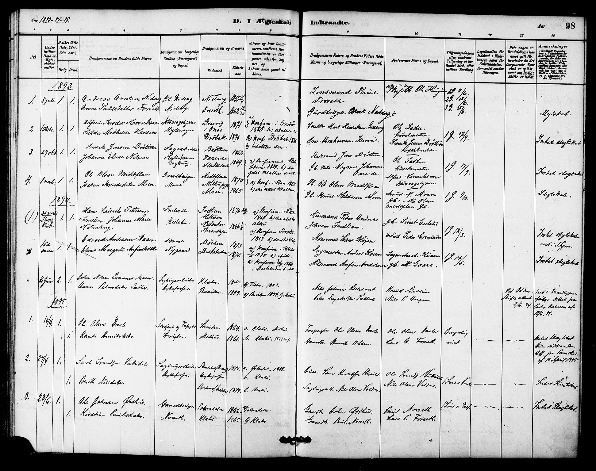 Ministerialprotokoller, klokkerbøker og fødselsregistre - Sør-Trøndelag, SAT/A-1456/618/L0444: Parish register (official) no. 618A07, 1880-1898, p. 98