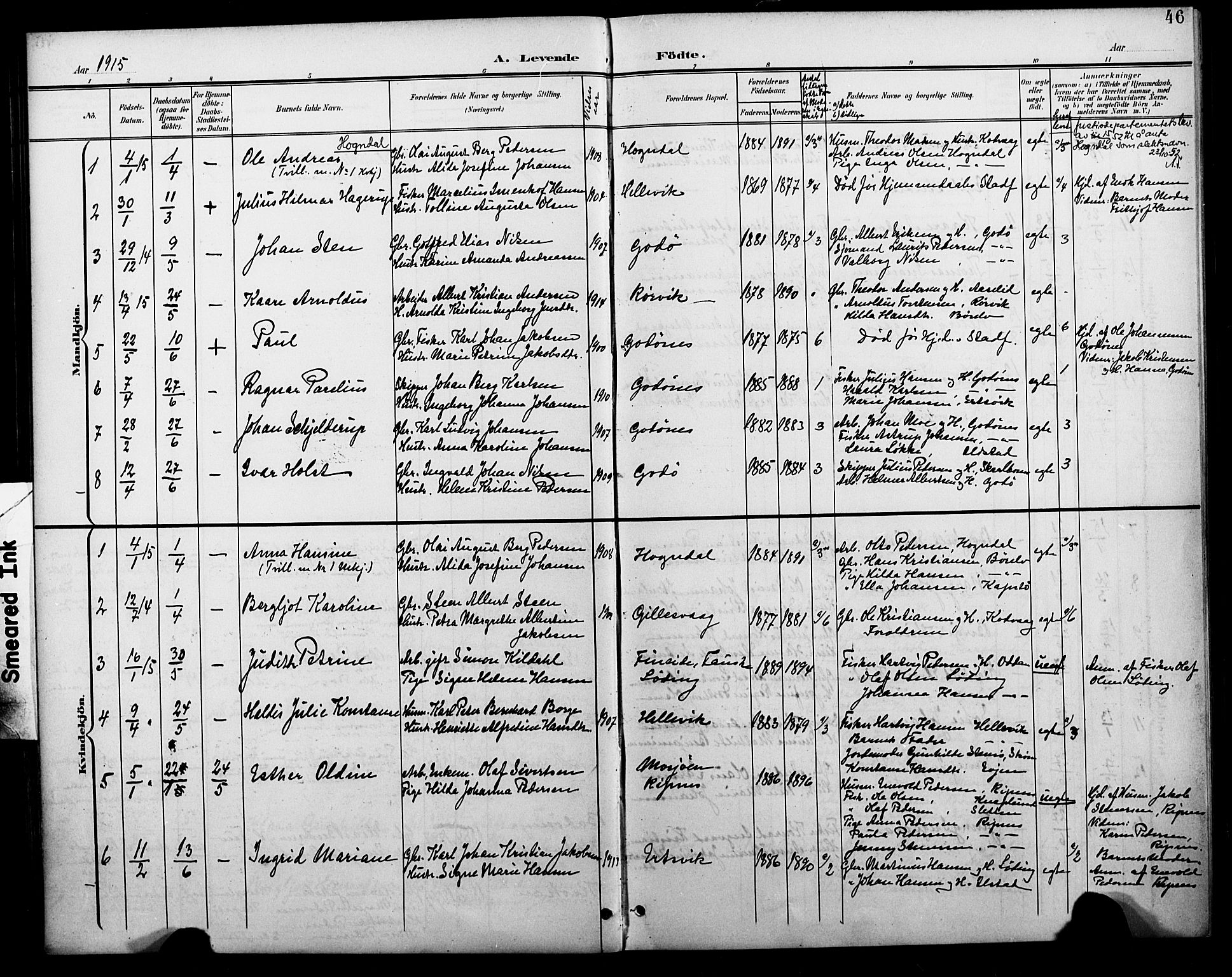 Ministerialprotokoller, klokkerbøker og fødselsregistre - Nordland, SAT/A-1459/804/L0088: Parish register (copy) no. 804C01, 1901-1917, p. 46