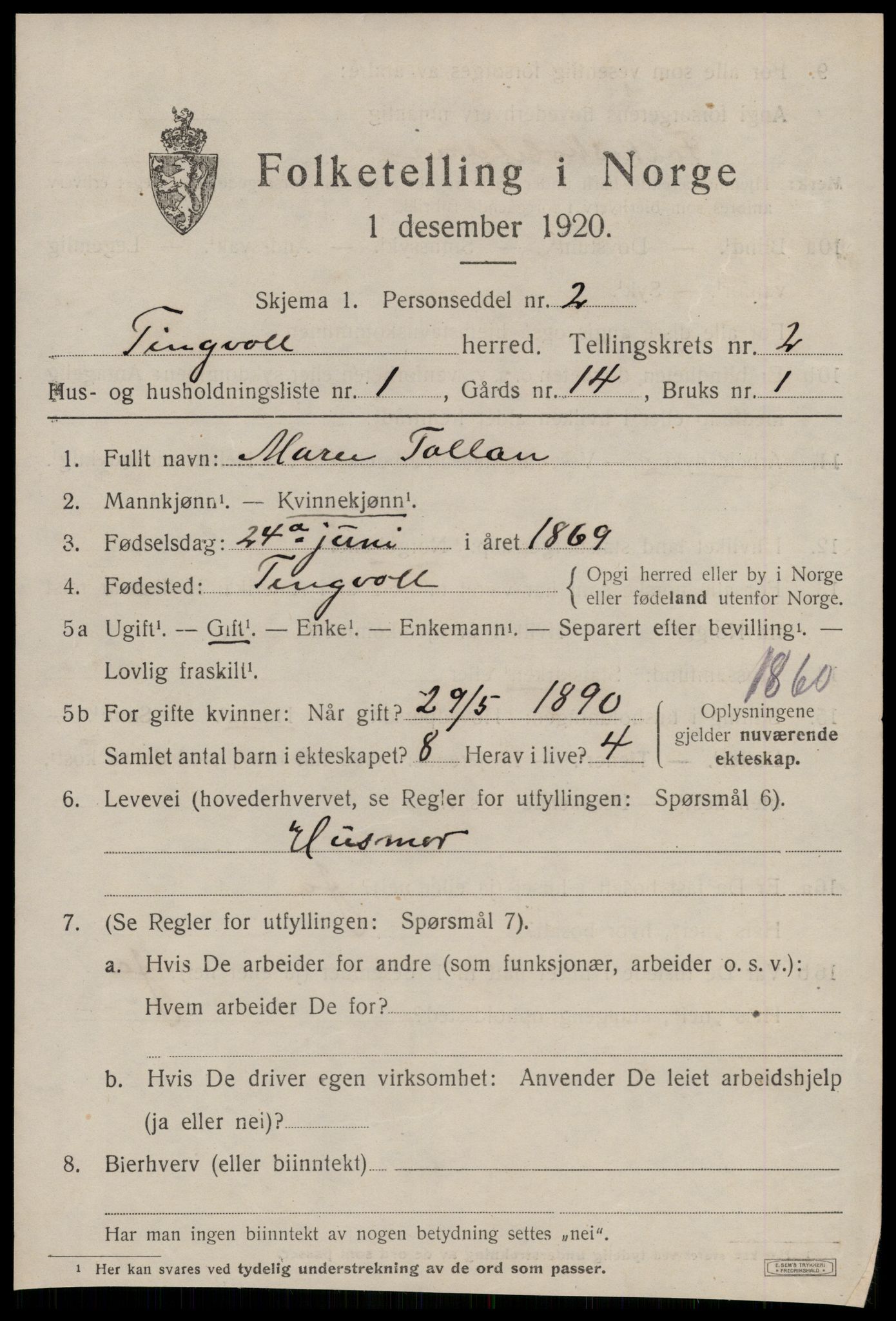 SAT, 1920 census for Tingvoll, 1920, p. 1164