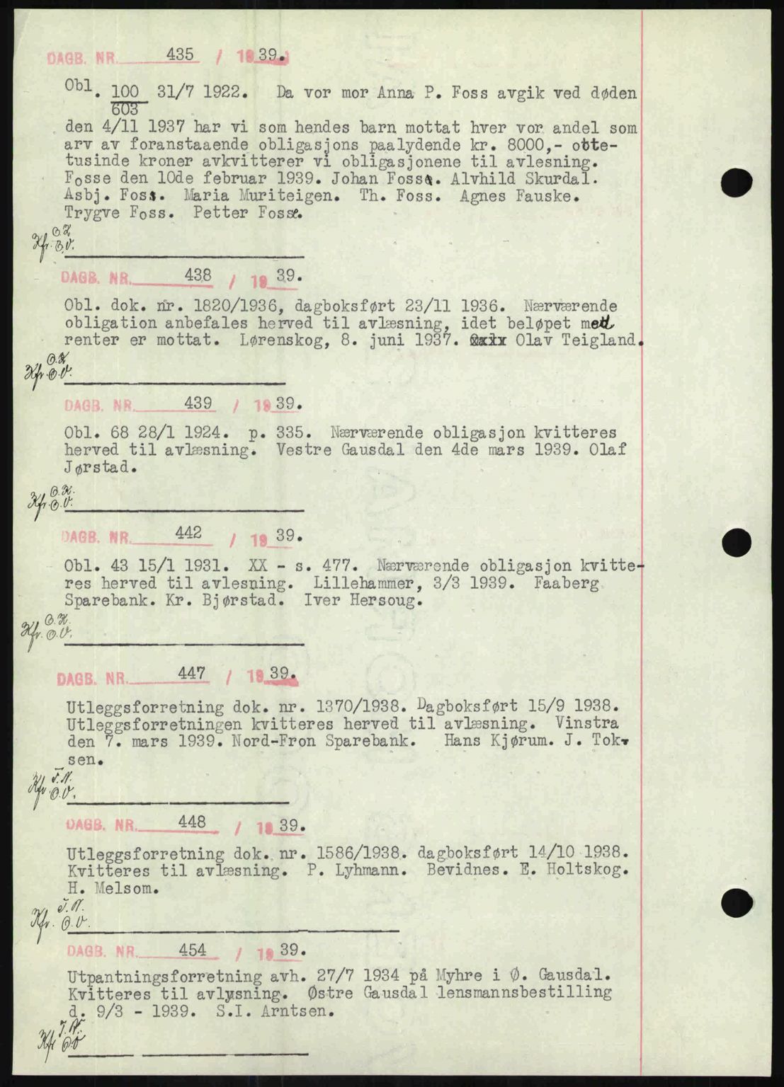 Sør-Gudbrandsdal tingrett, SAH/TING-004/H/Hb/Hbf/L0002: Mortgage book no. C1, 1938-1951, Diary no: : 435/1939