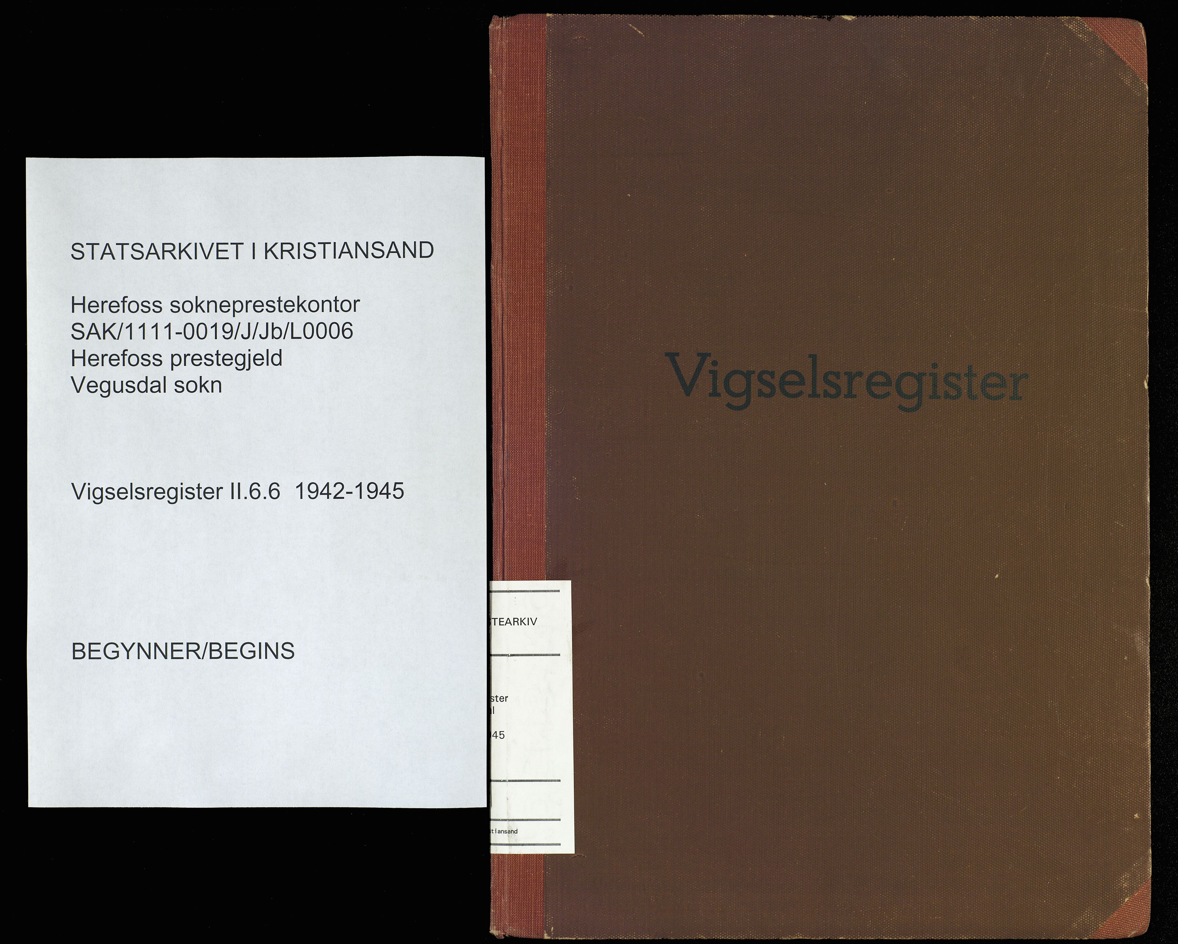 Herefoss sokneprestkontor, SAK/1111-0019/J/Jb/L0006: Marriage register no. II.6.6, 1942-1945