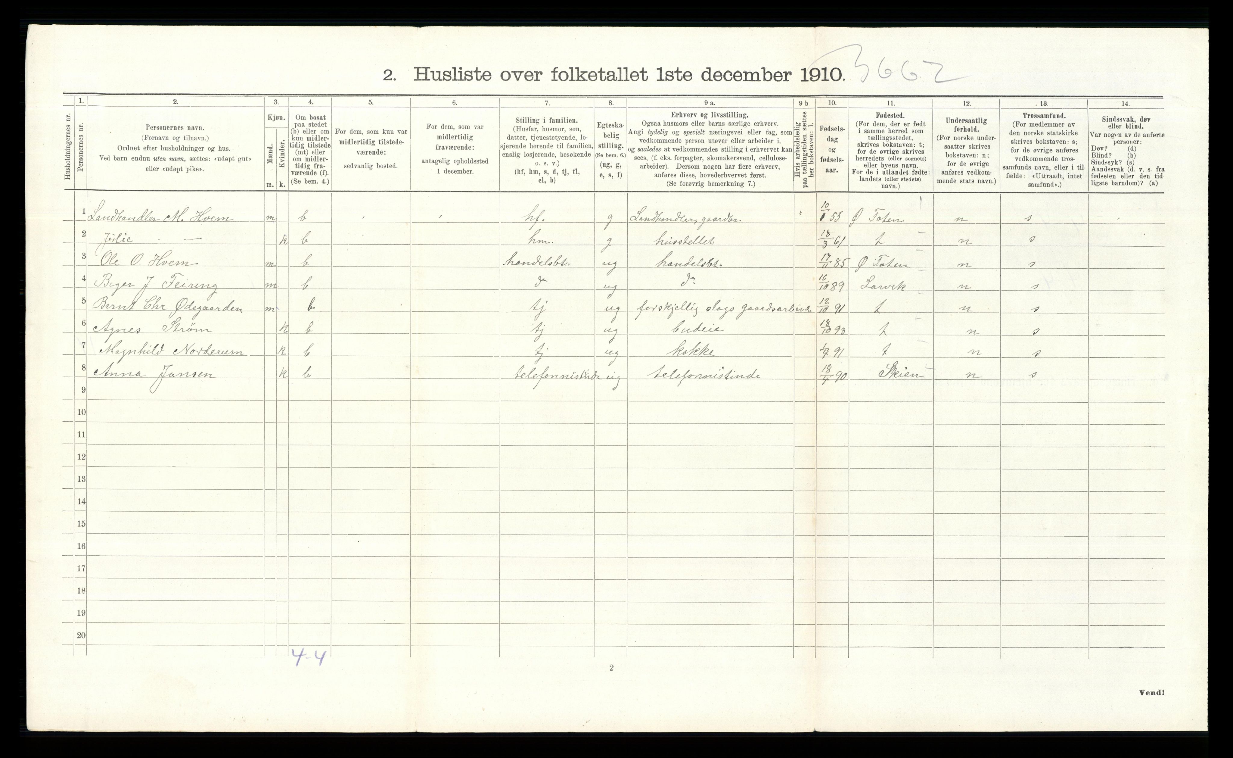 RA, 1910 census for Nordre Land, 1910, p. 1454