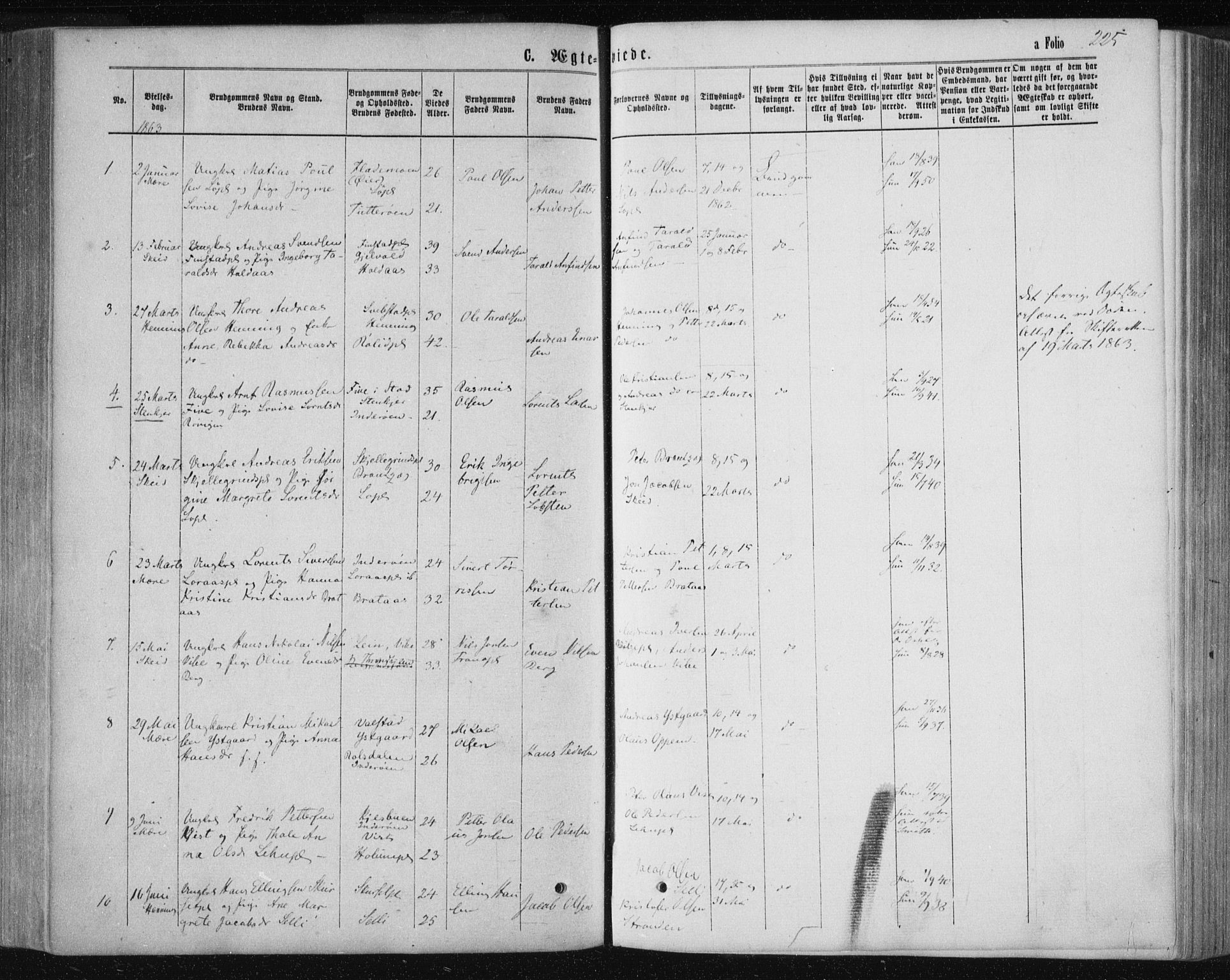 Ministerialprotokoller, klokkerbøker og fødselsregistre - Nord-Trøndelag, AV/SAT-A-1458/735/L0345: Parish register (official) no. 735A08 /1, 1863-1872, p. 225